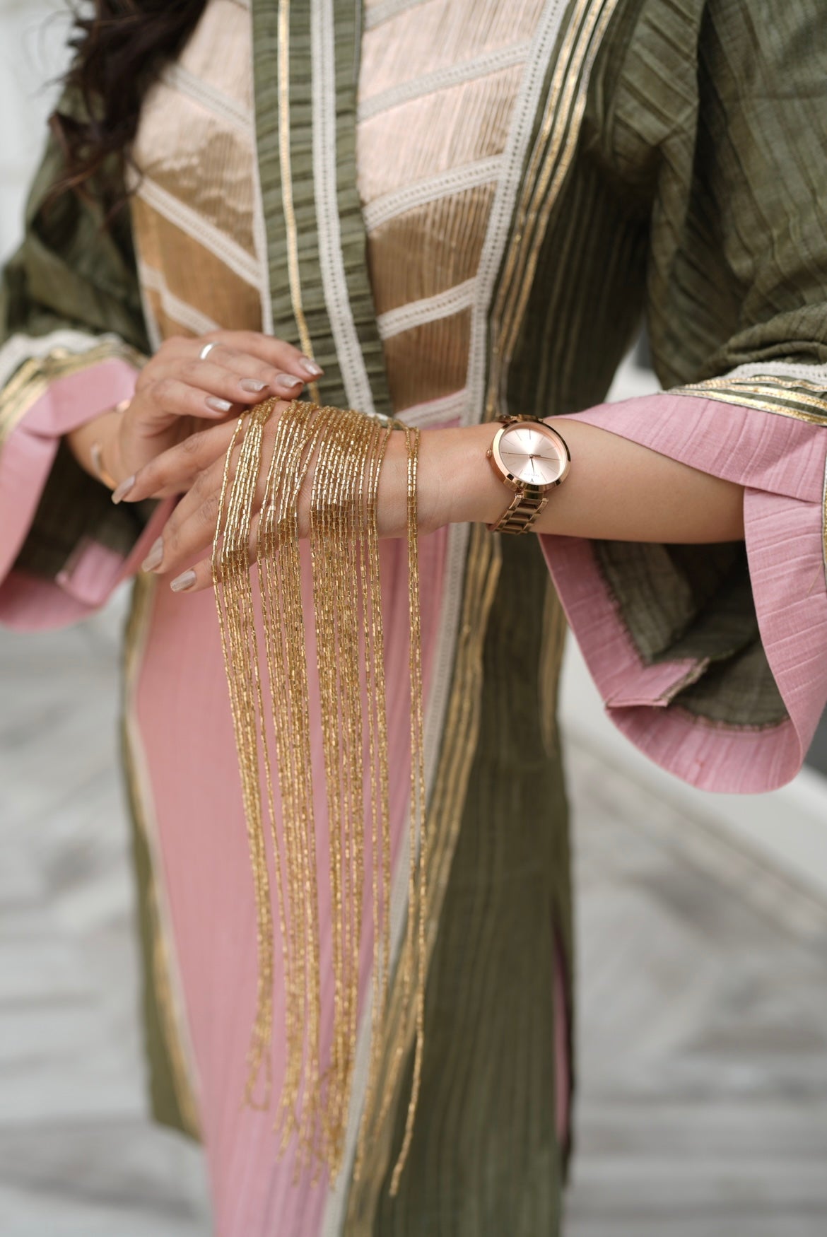 Denim peach olive green farsi salwar set