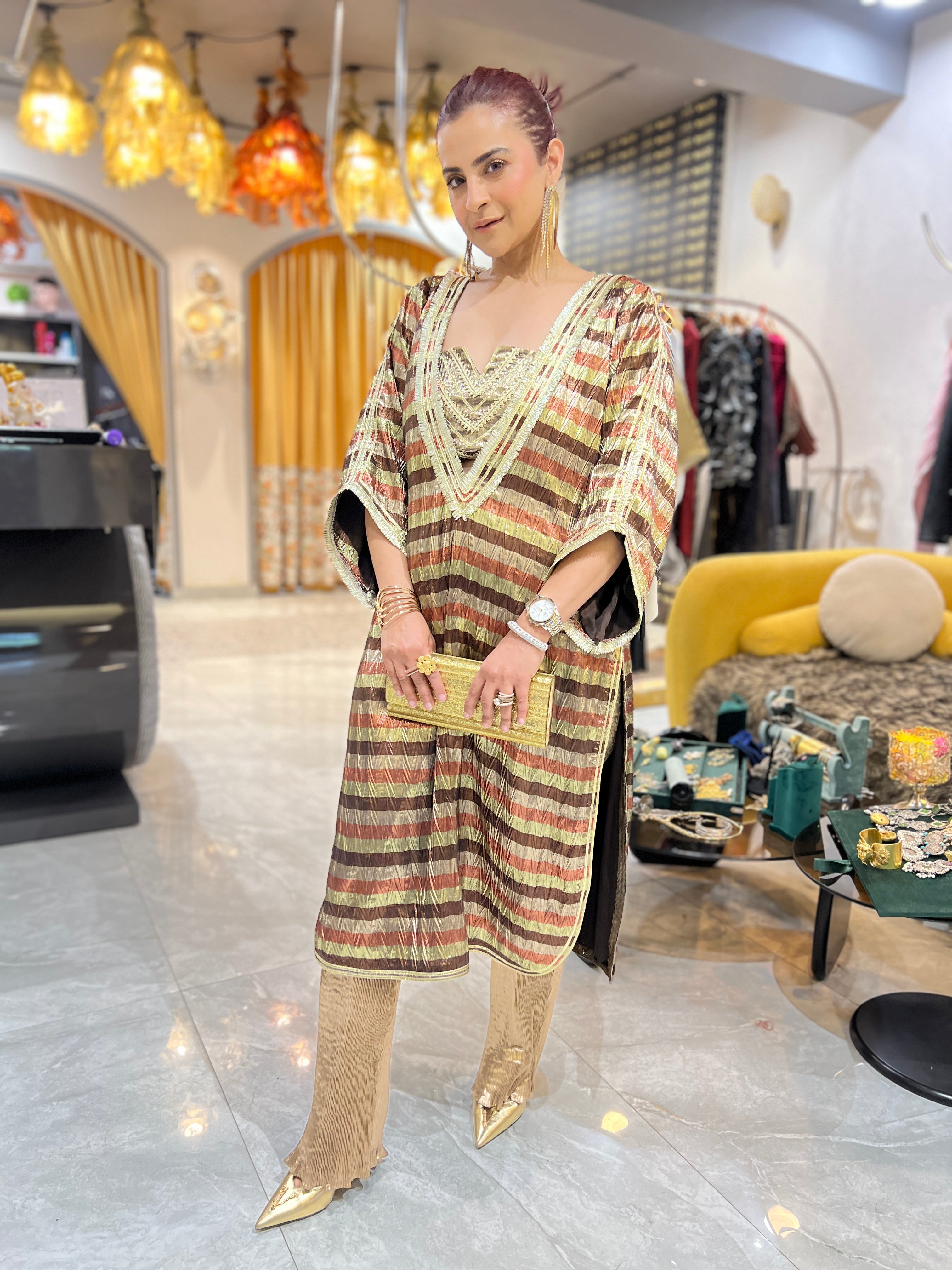 Deep neck antique gold multicolor gota embroidered kurta pants set with earrings