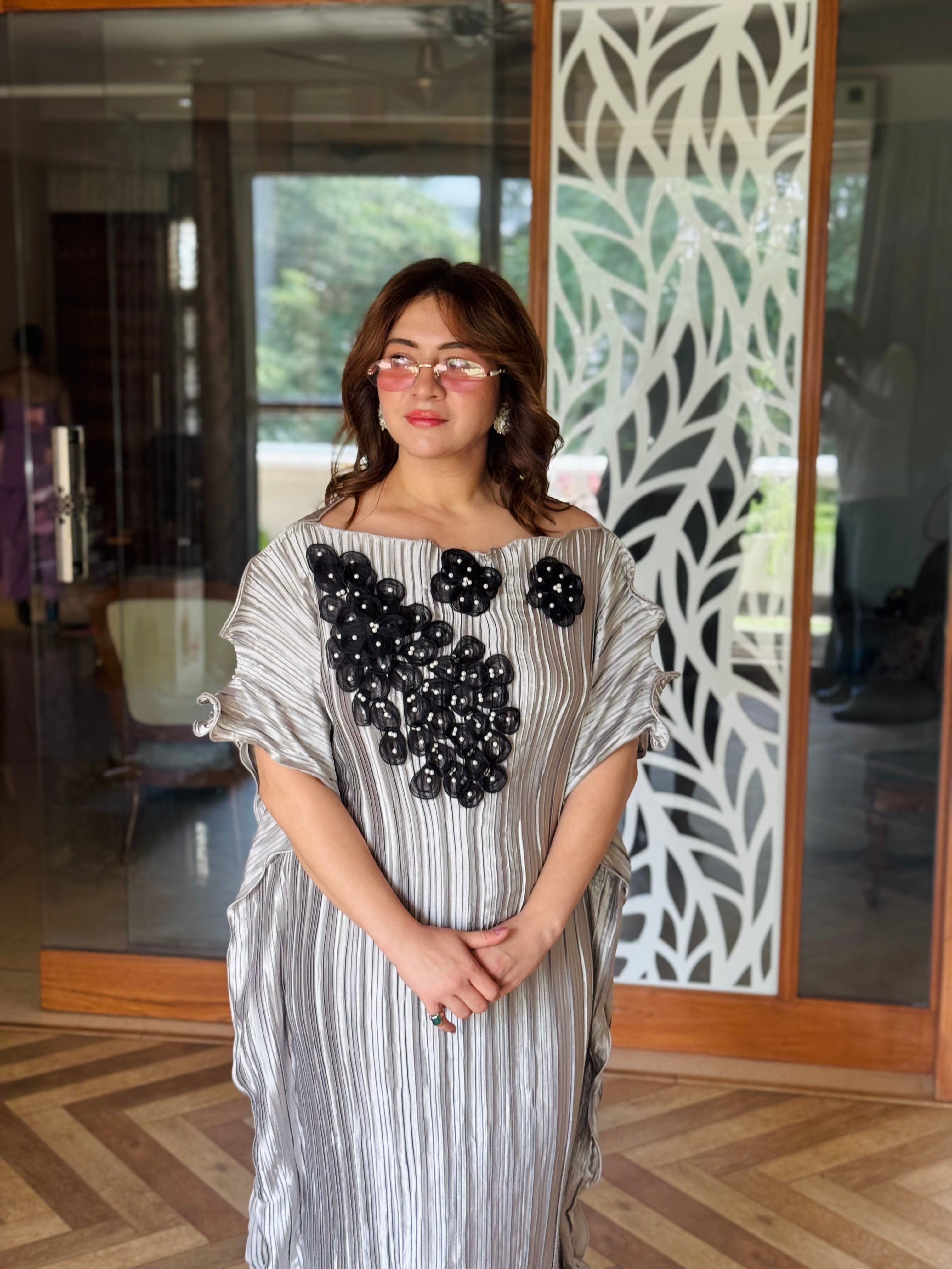 Grey Kaftan with Black Petal Embellishments