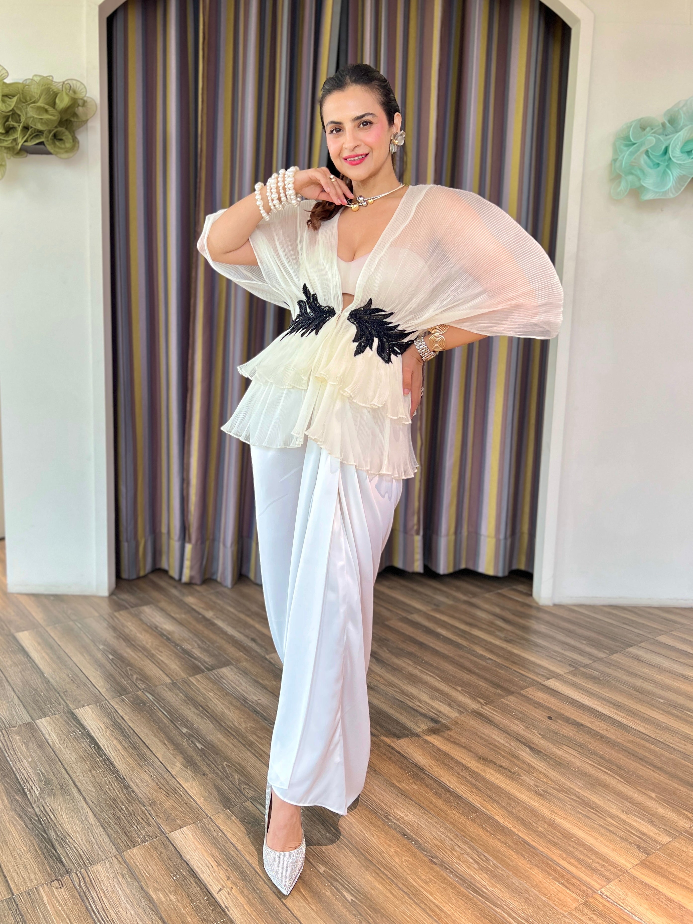 Ivory embroidered layered skirt set