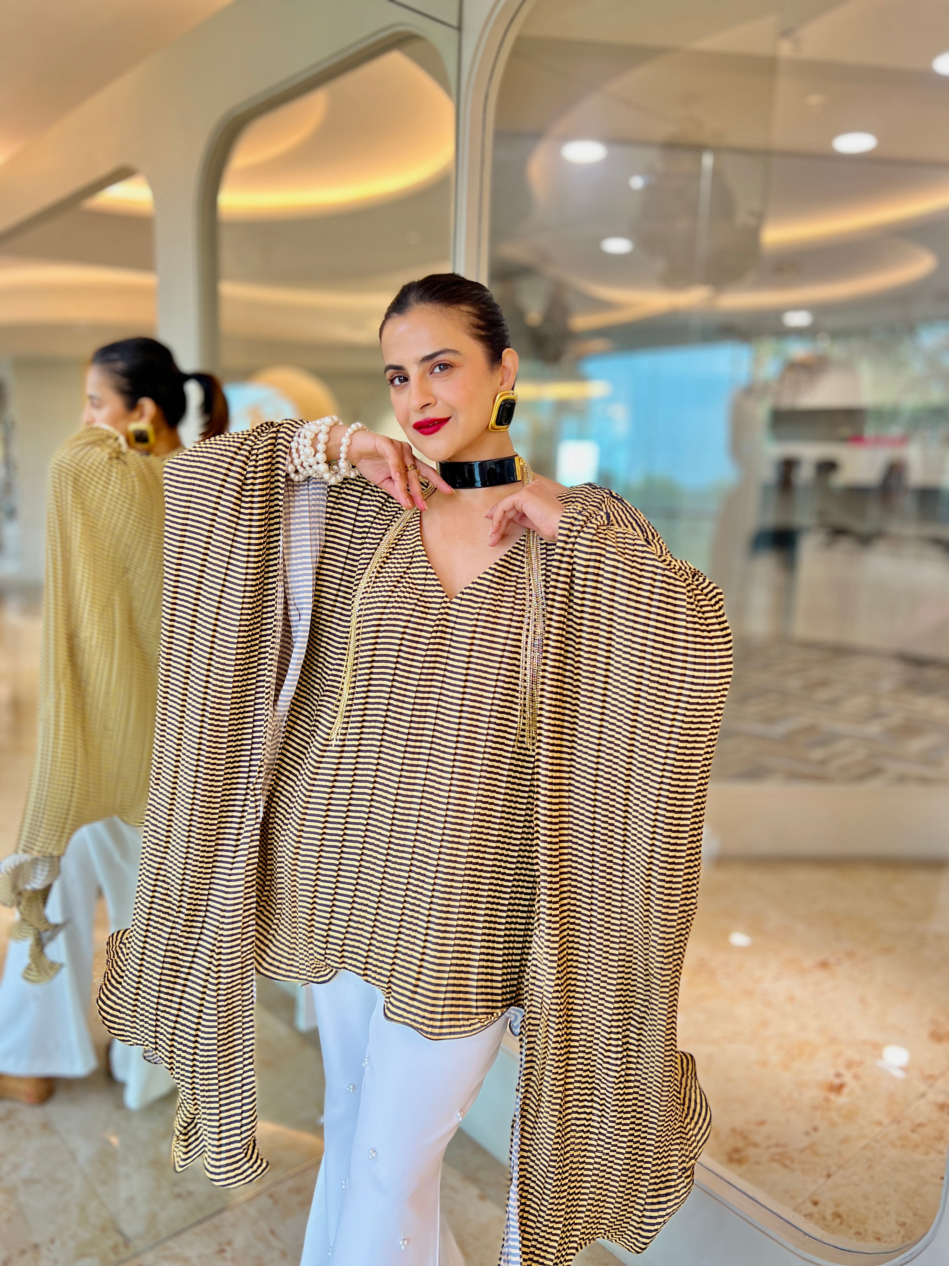 Yellow stripe v neck kaftan moon top