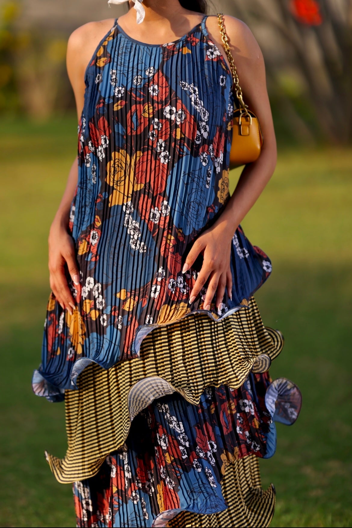 Martinique gold long ruffle layer dress
