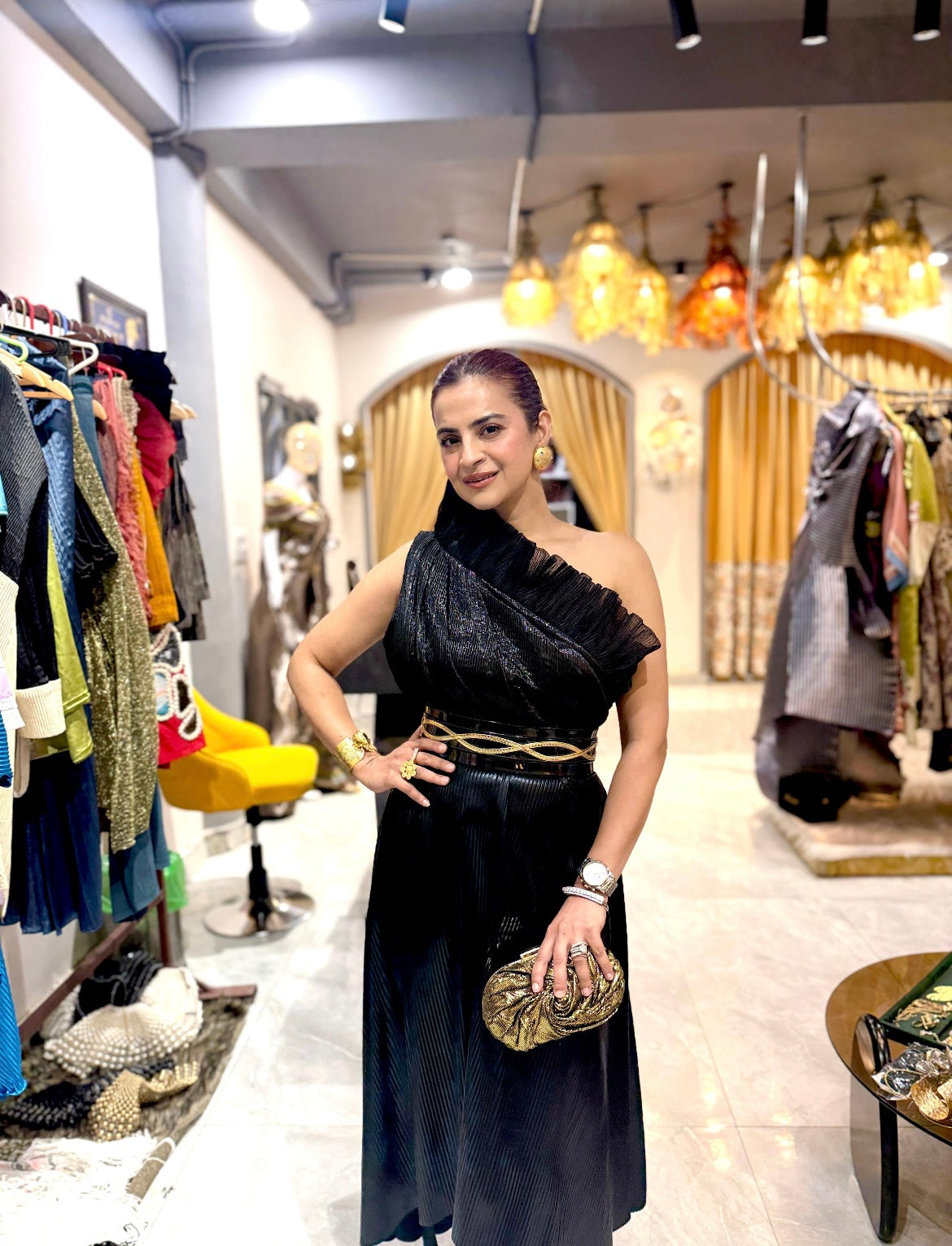Faux Leather One Shoulder ruffle Dress in Black with belt