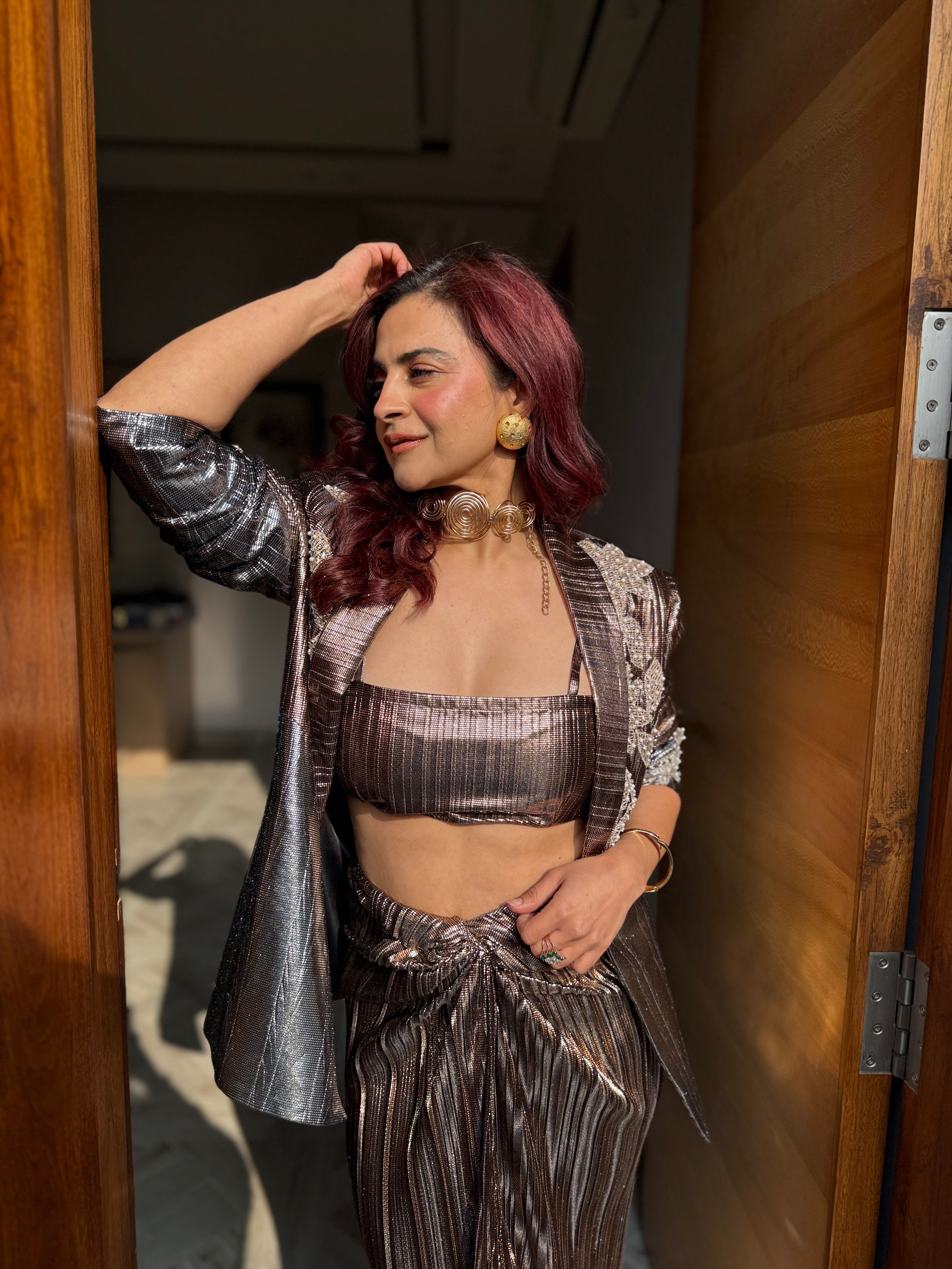 Copper foil half and half Lust Power Drape Skirt Suit