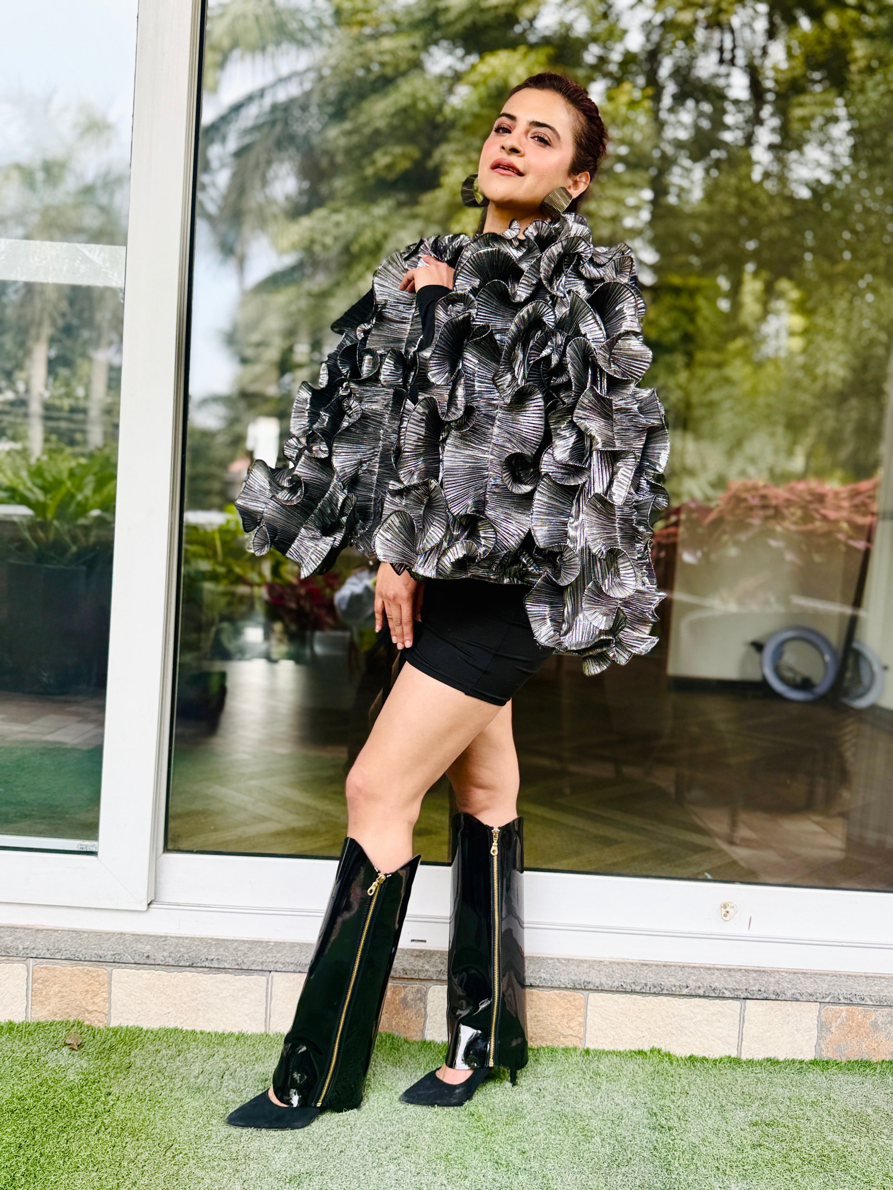 Cosmic Shimmer Ruffle cape in Silver-grey