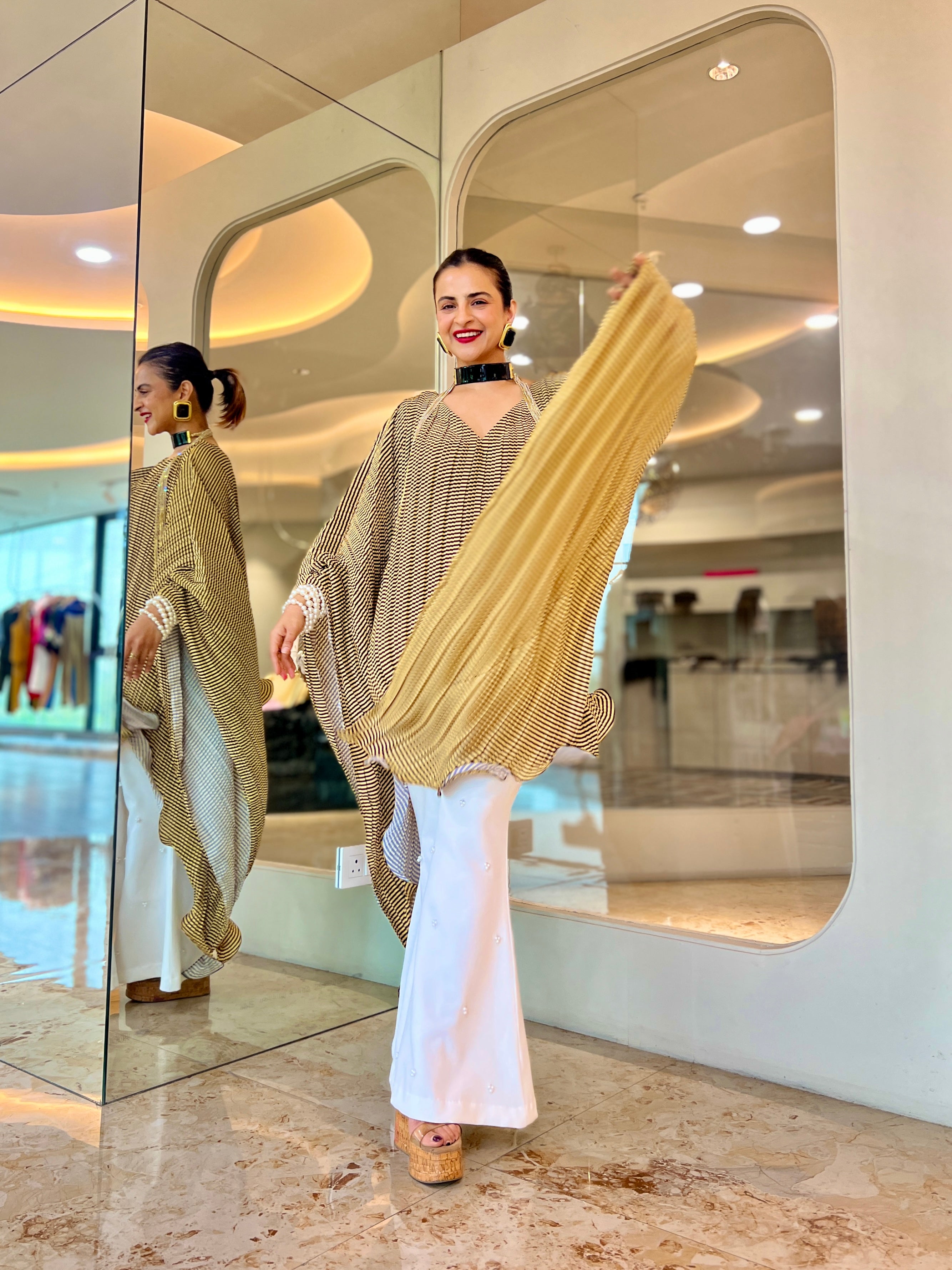 Yellow stripe v neck kaftan moon set