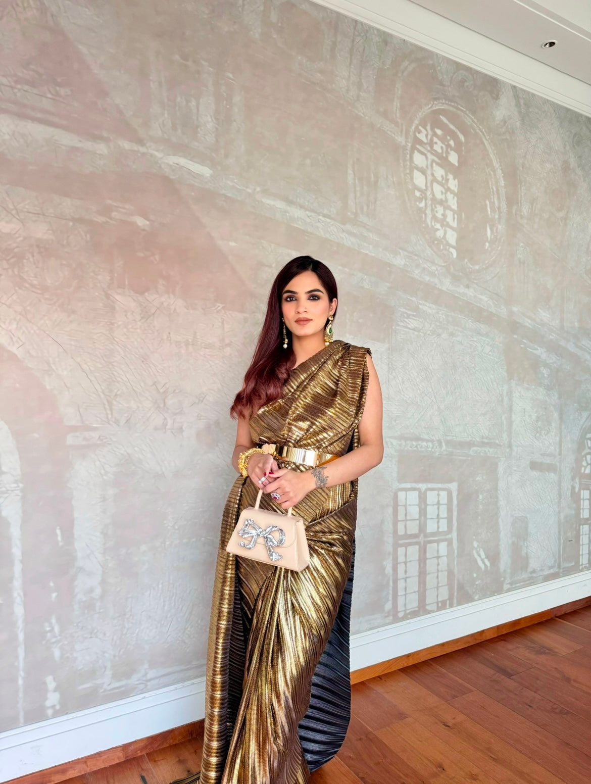 Renaissance gold foil pre-draped saree set