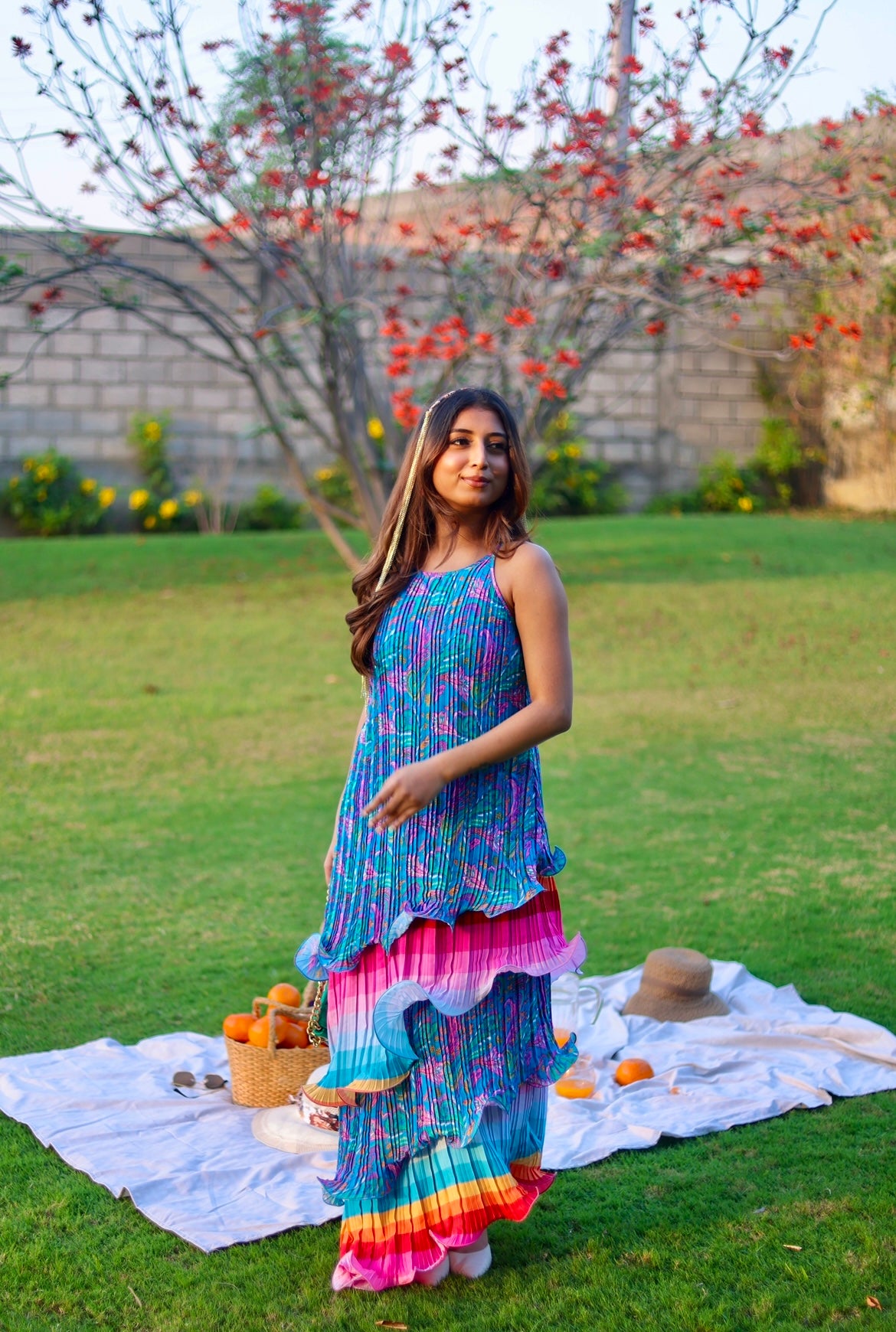 Paisley groove long ruffle layer dress