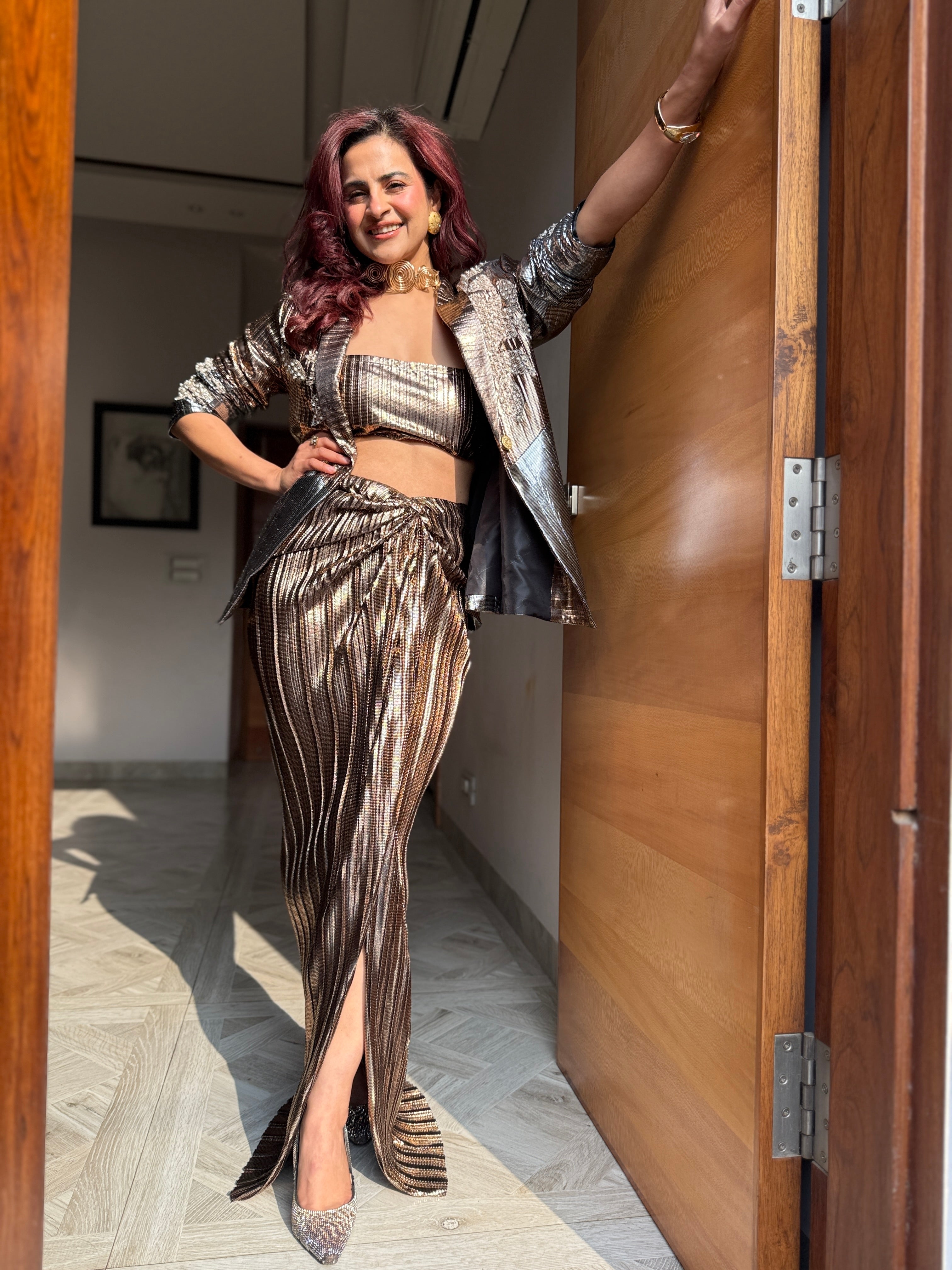 Copper foil half and half Lust Power Drape Skirt Suit