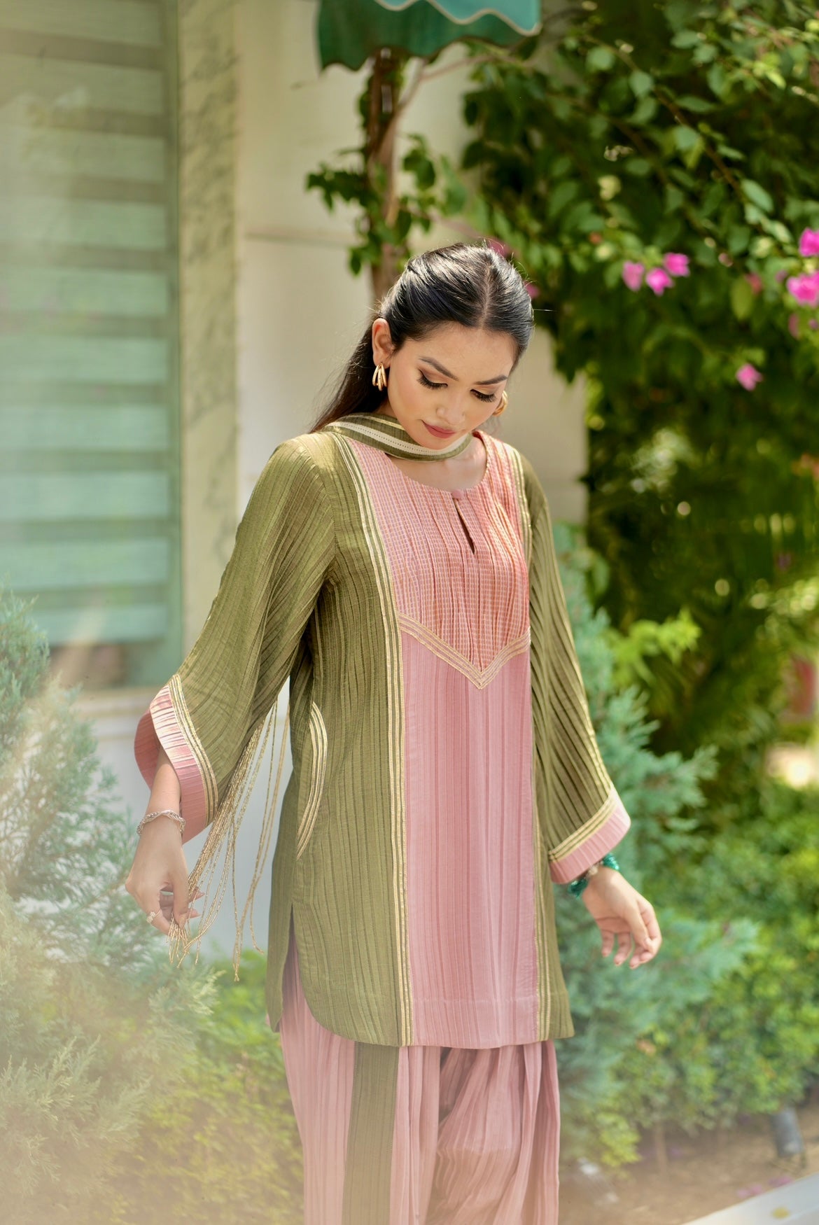 Denim peach olive green farsi salwar set