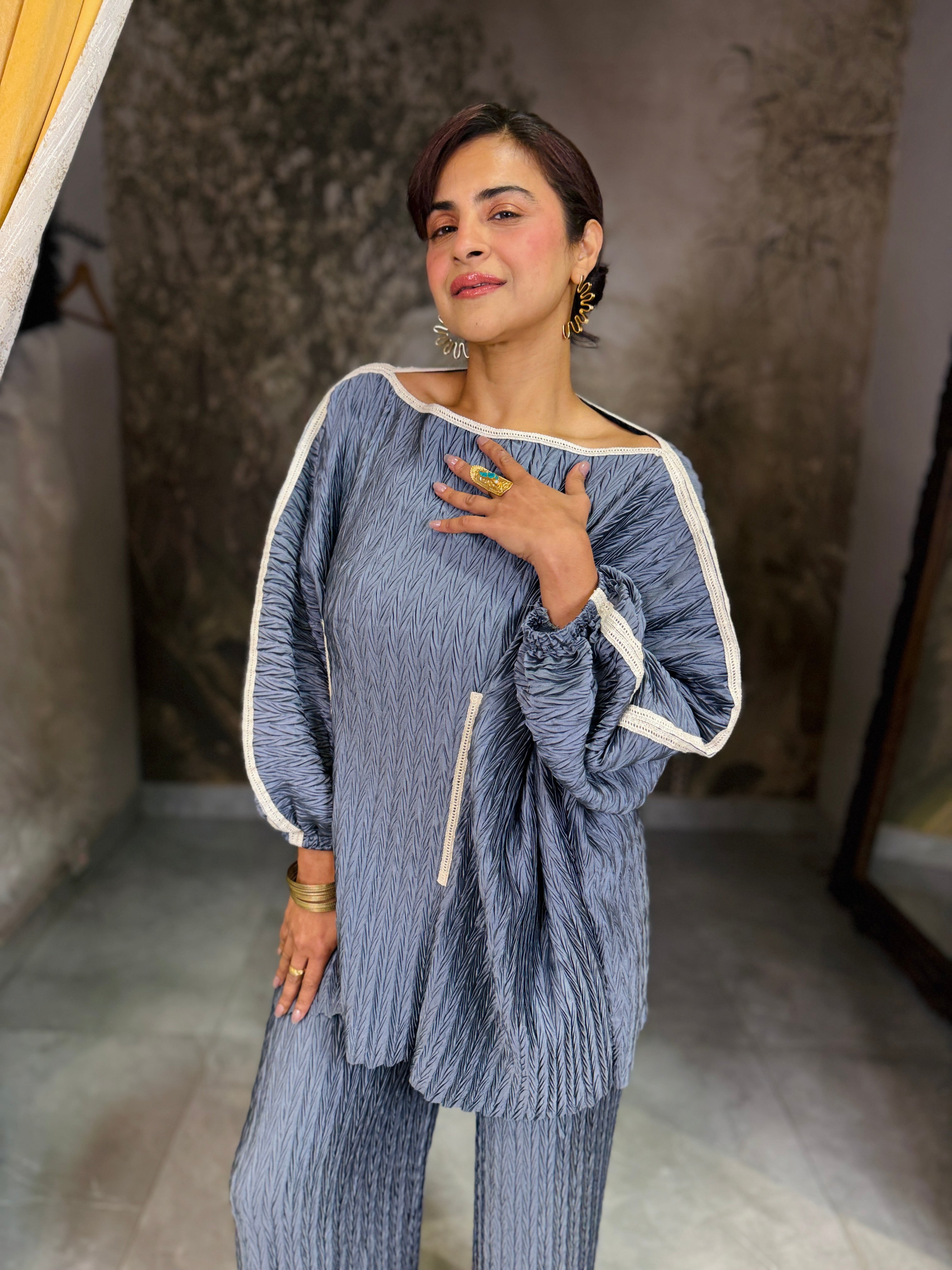 charcoal grey lace coord set diamond pleat