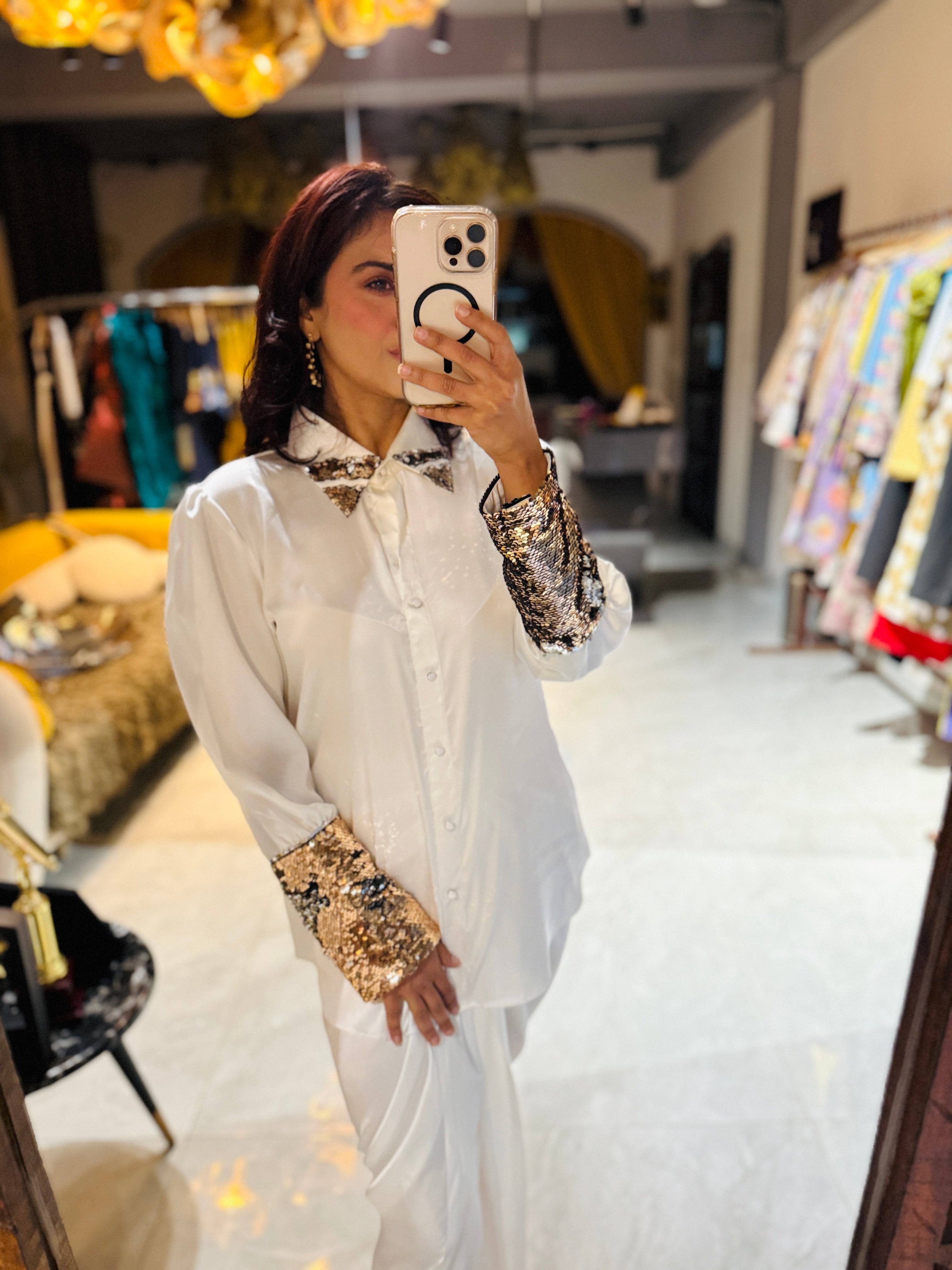 white armani gold silver sequin shirt with draped knot skirt