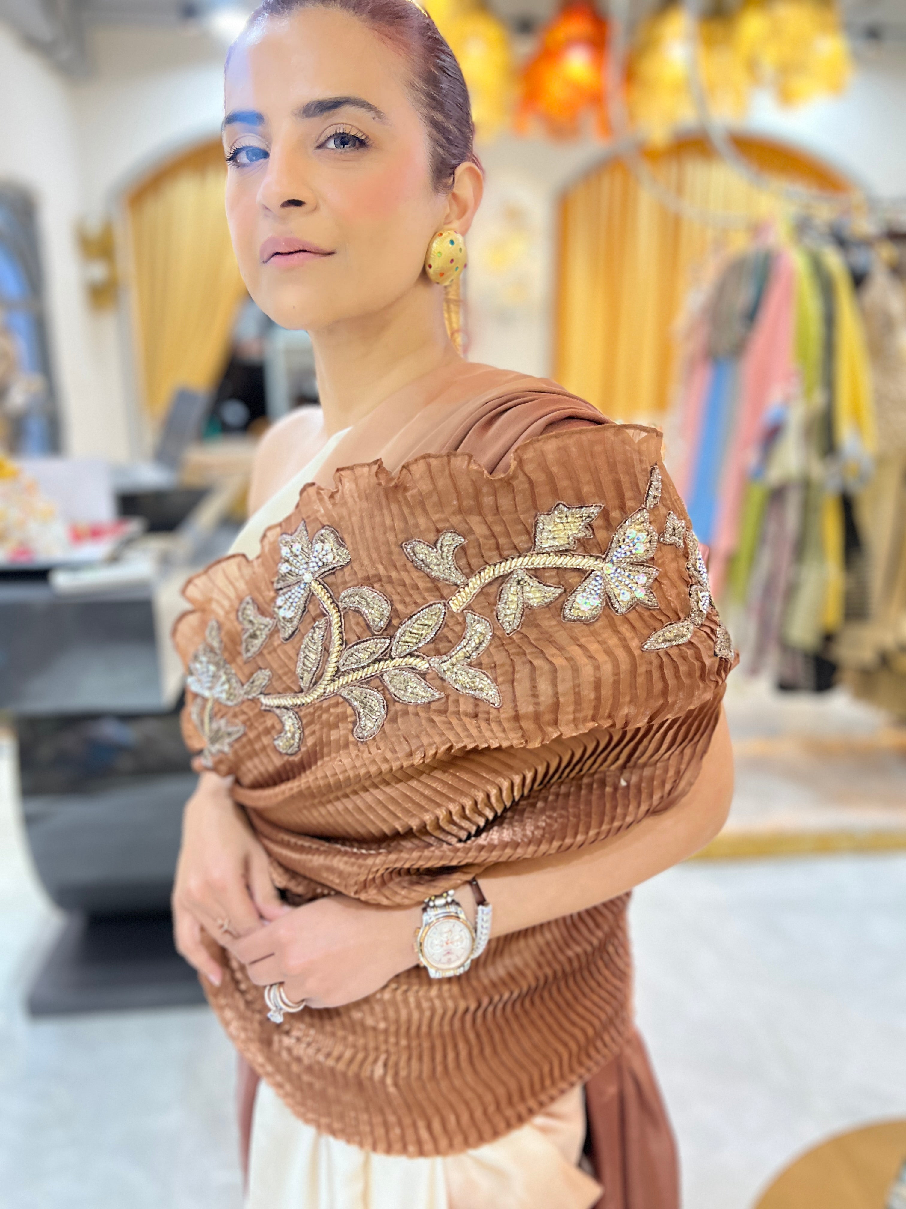 Rust Gold ombre shimmer multi drape saree set