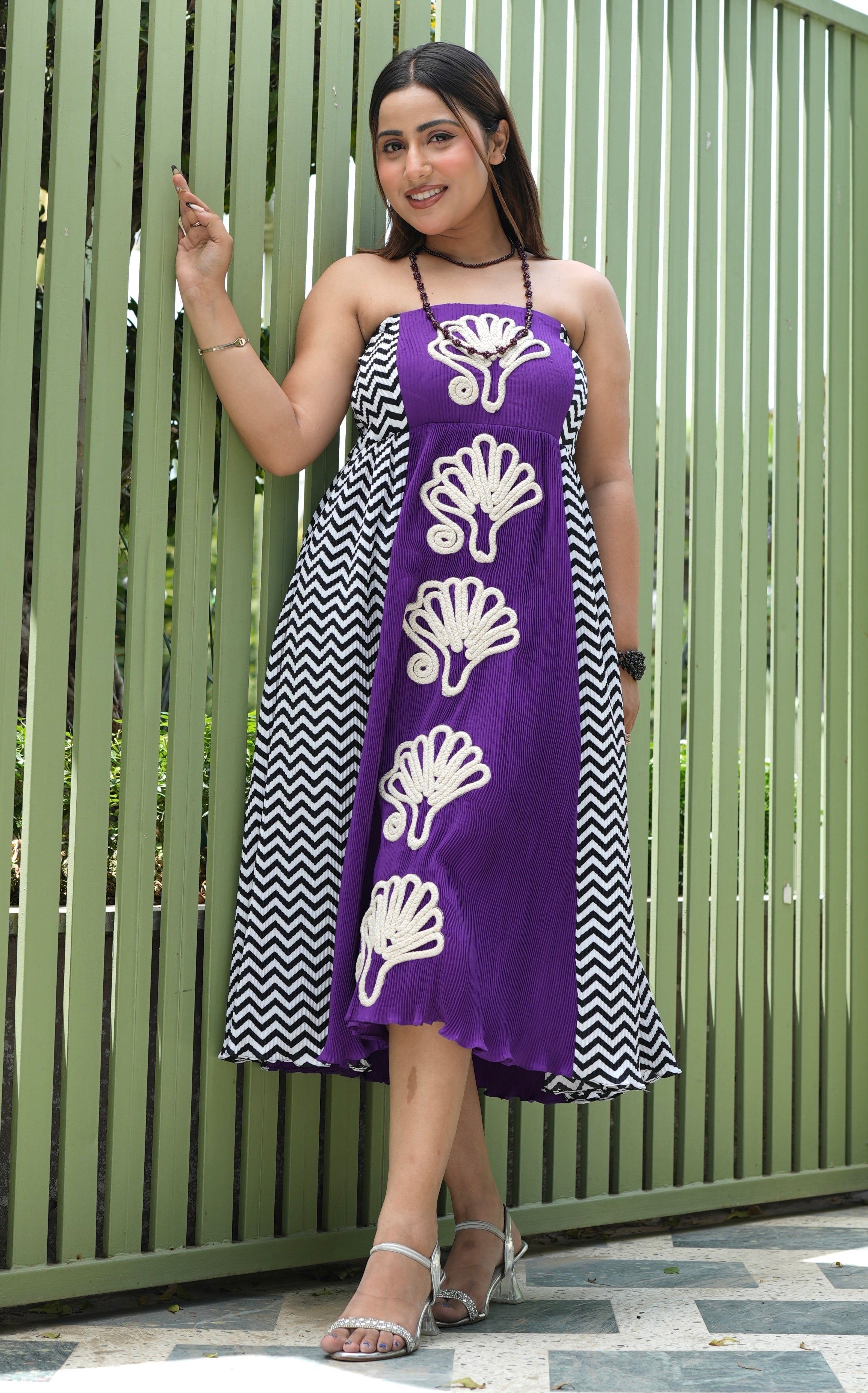 Chevron Muse Dress in Black , White and purple