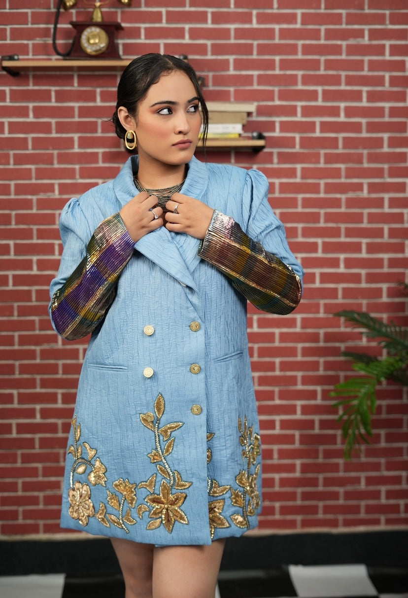 Azure Embroidered Blazer Dress in Blue