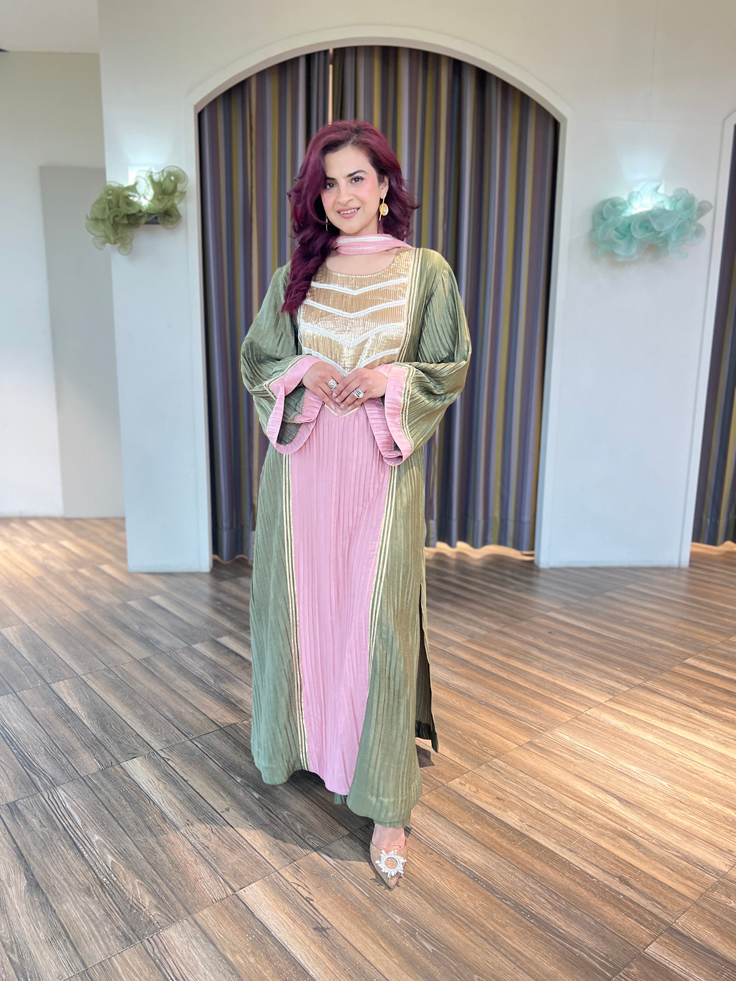 Denim peach olive green farsi long salwar set