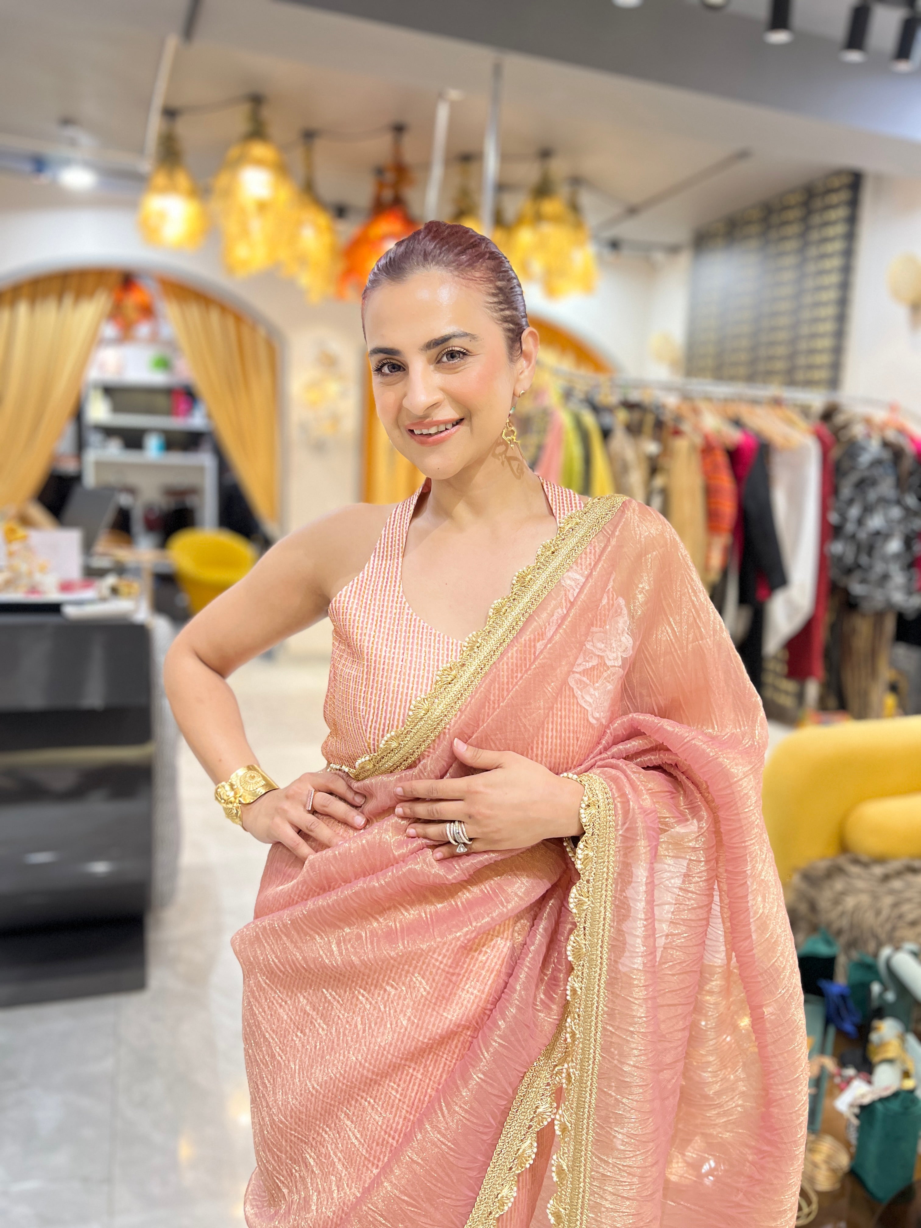 Pink Gold shimmer saree set