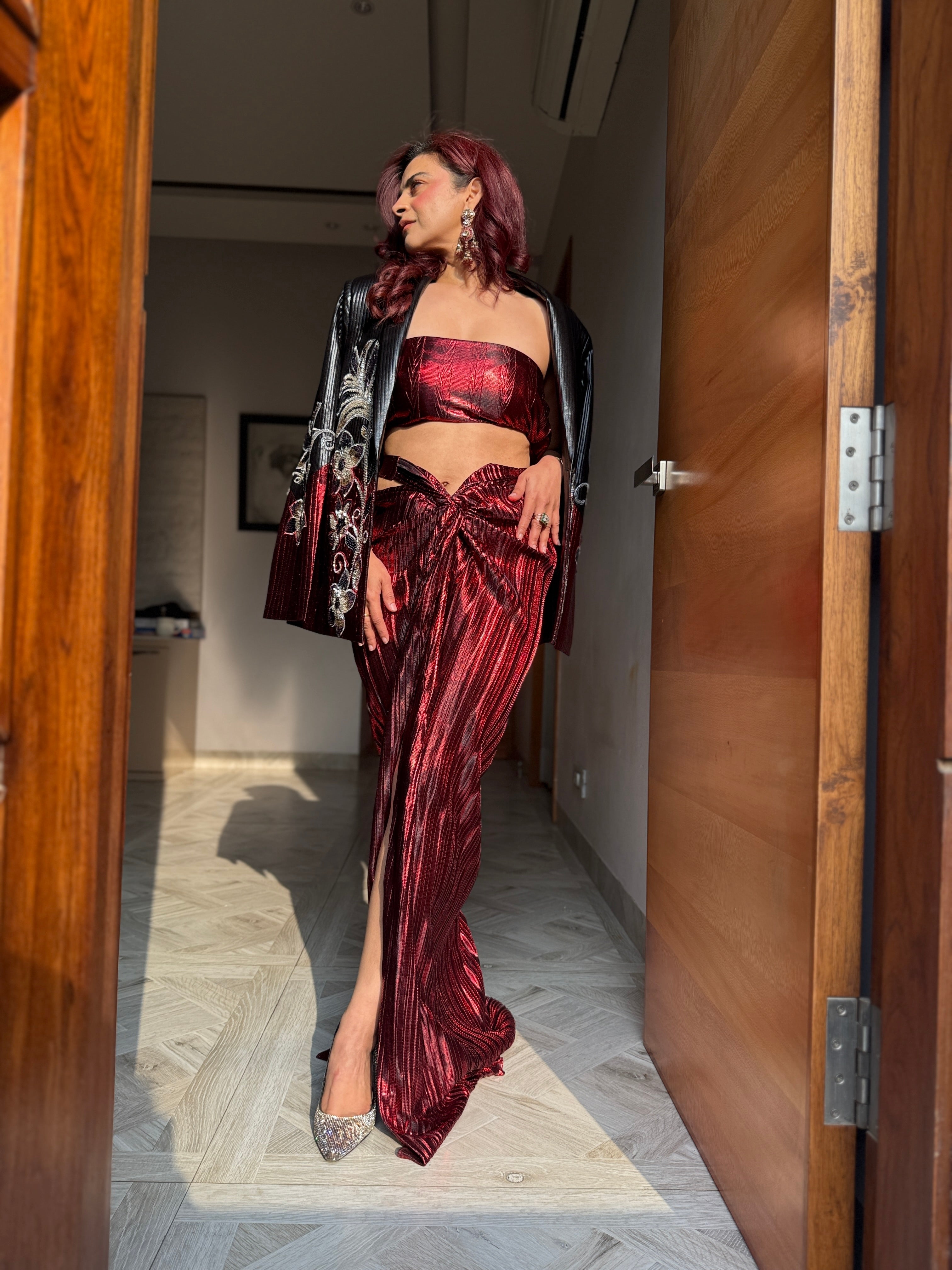 red and black foil half and half power blazer with dhoti and tube