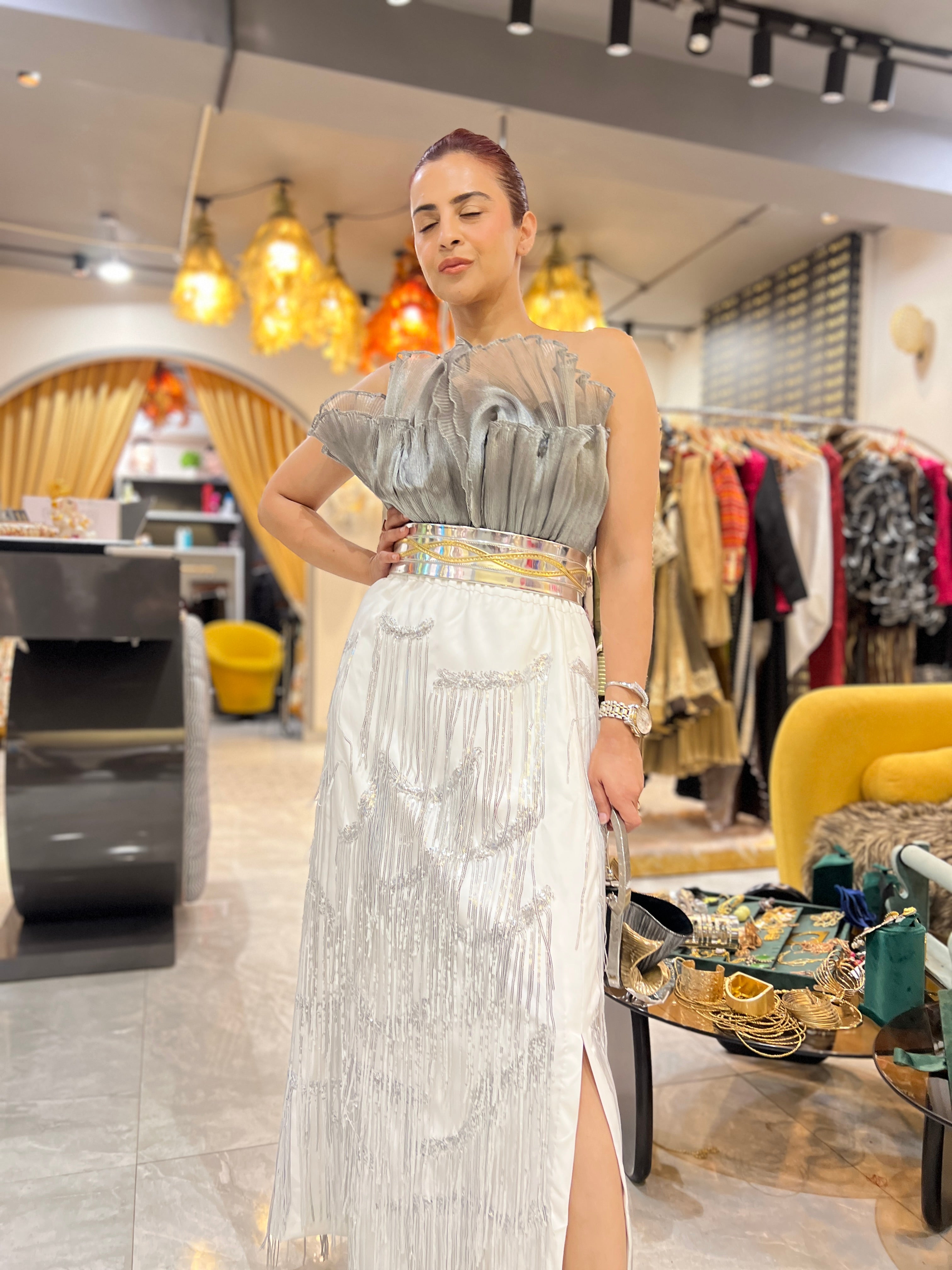 Silver tutu tassel long skirt set