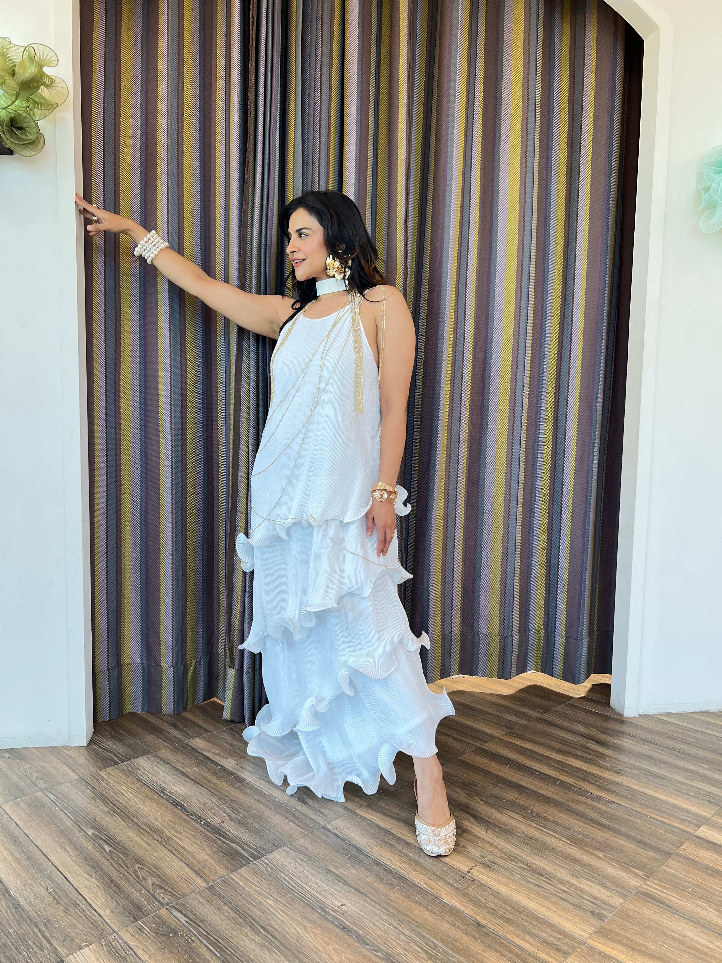 Long ruffle dress in ivory
