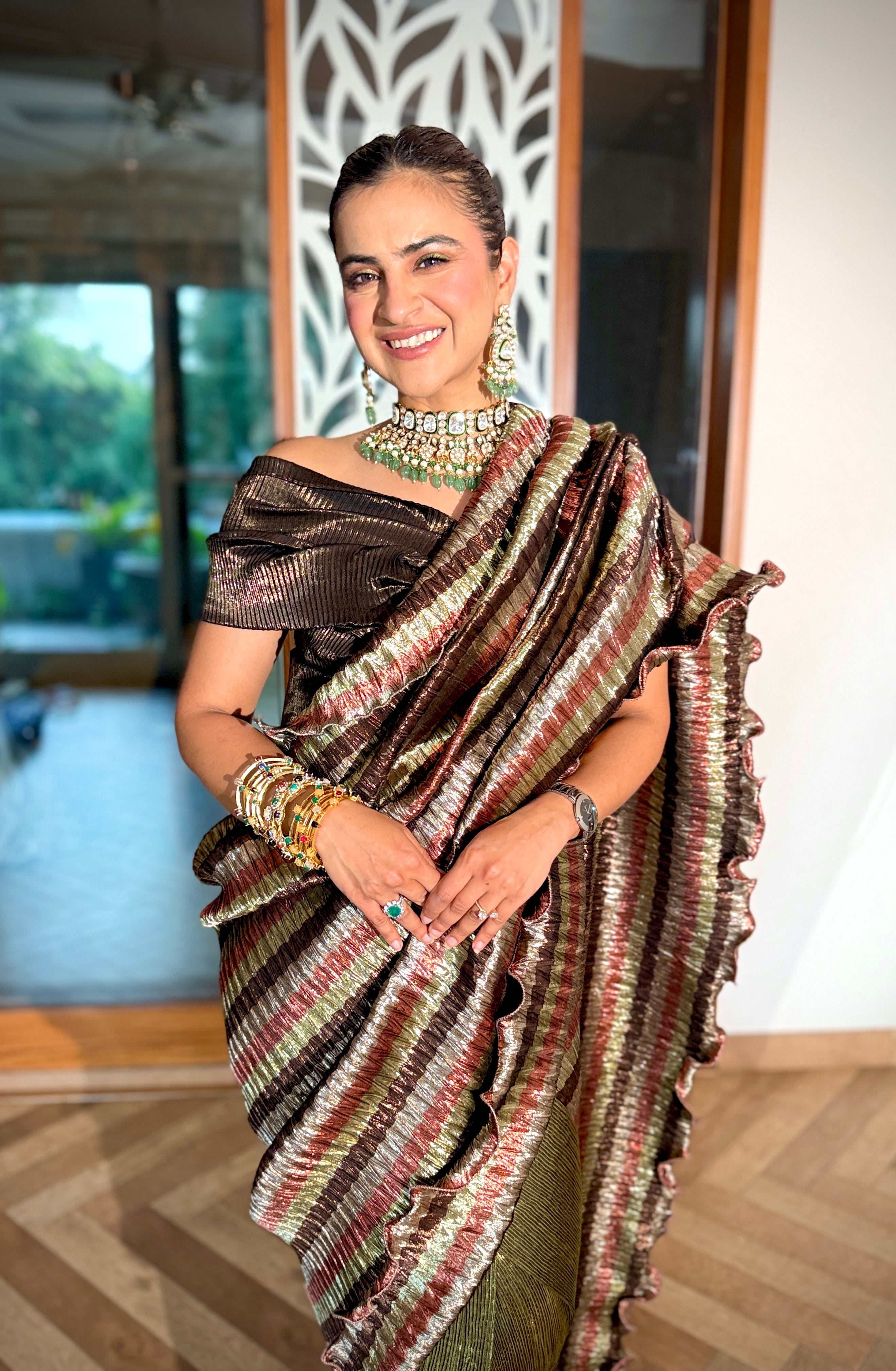 The Egyptian Saree in Stripes and Green Shimmer