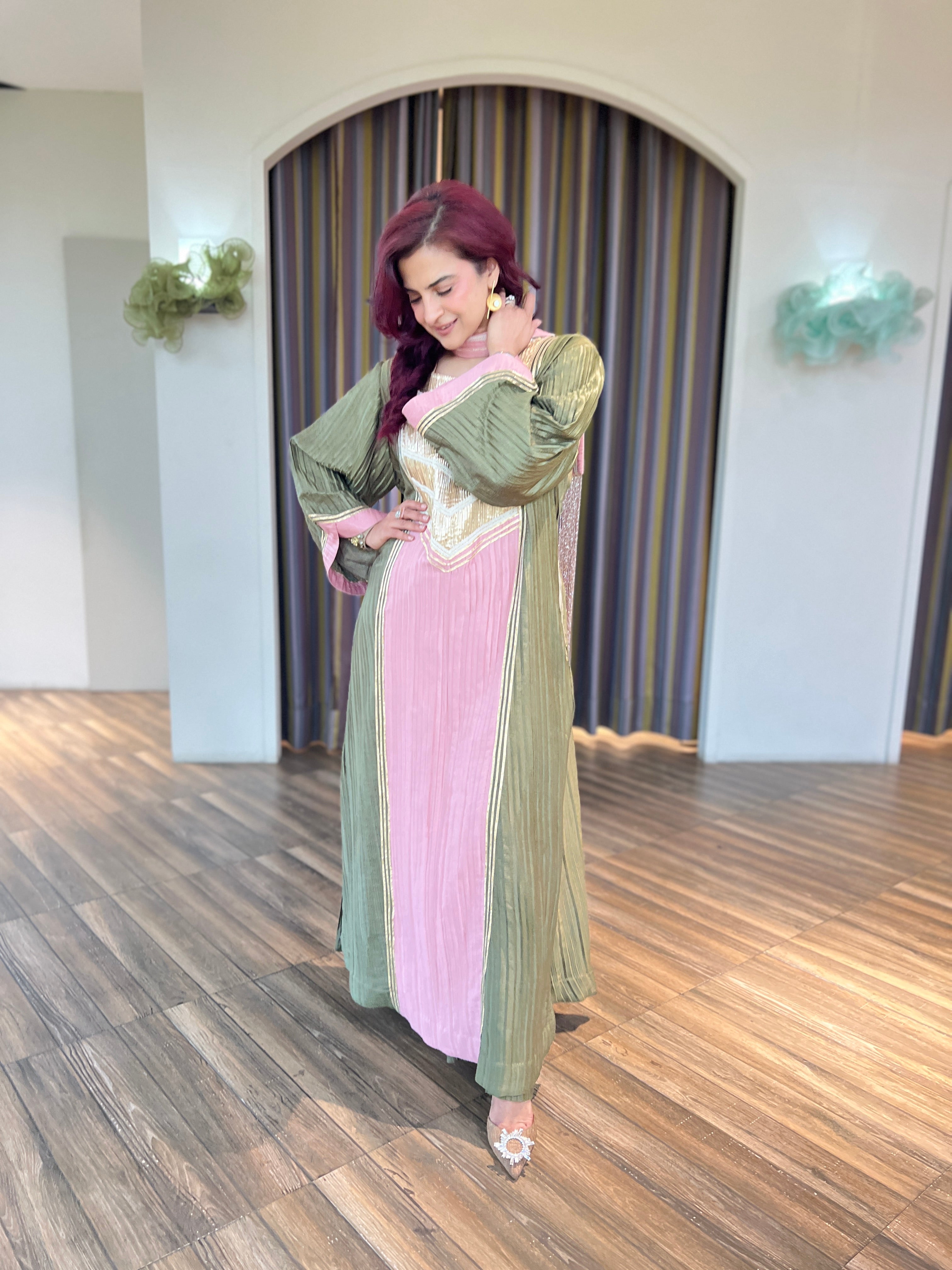 Denim peach olive green farsi long salwar set