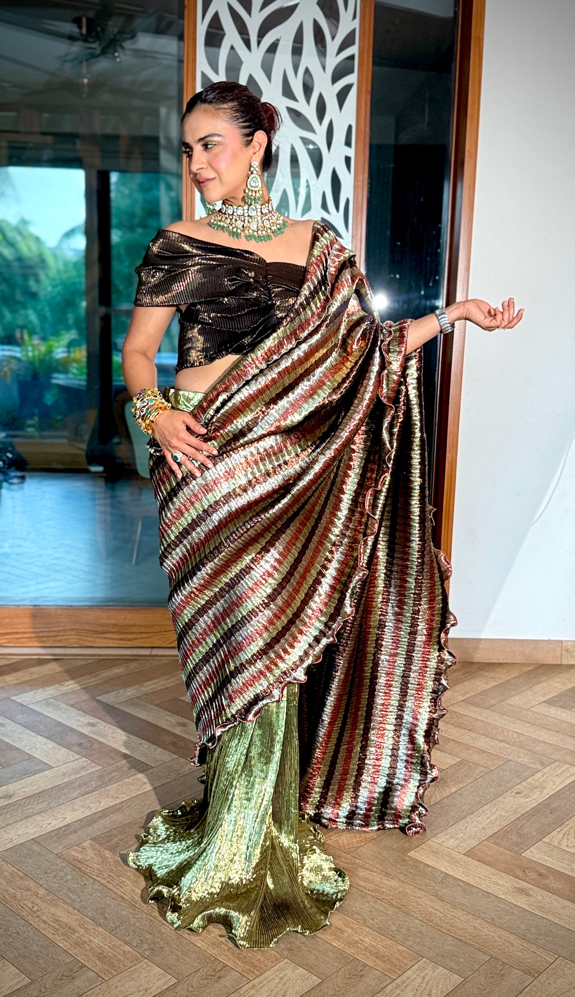 The Egyptian Saree in Stripes and Green Shimmer