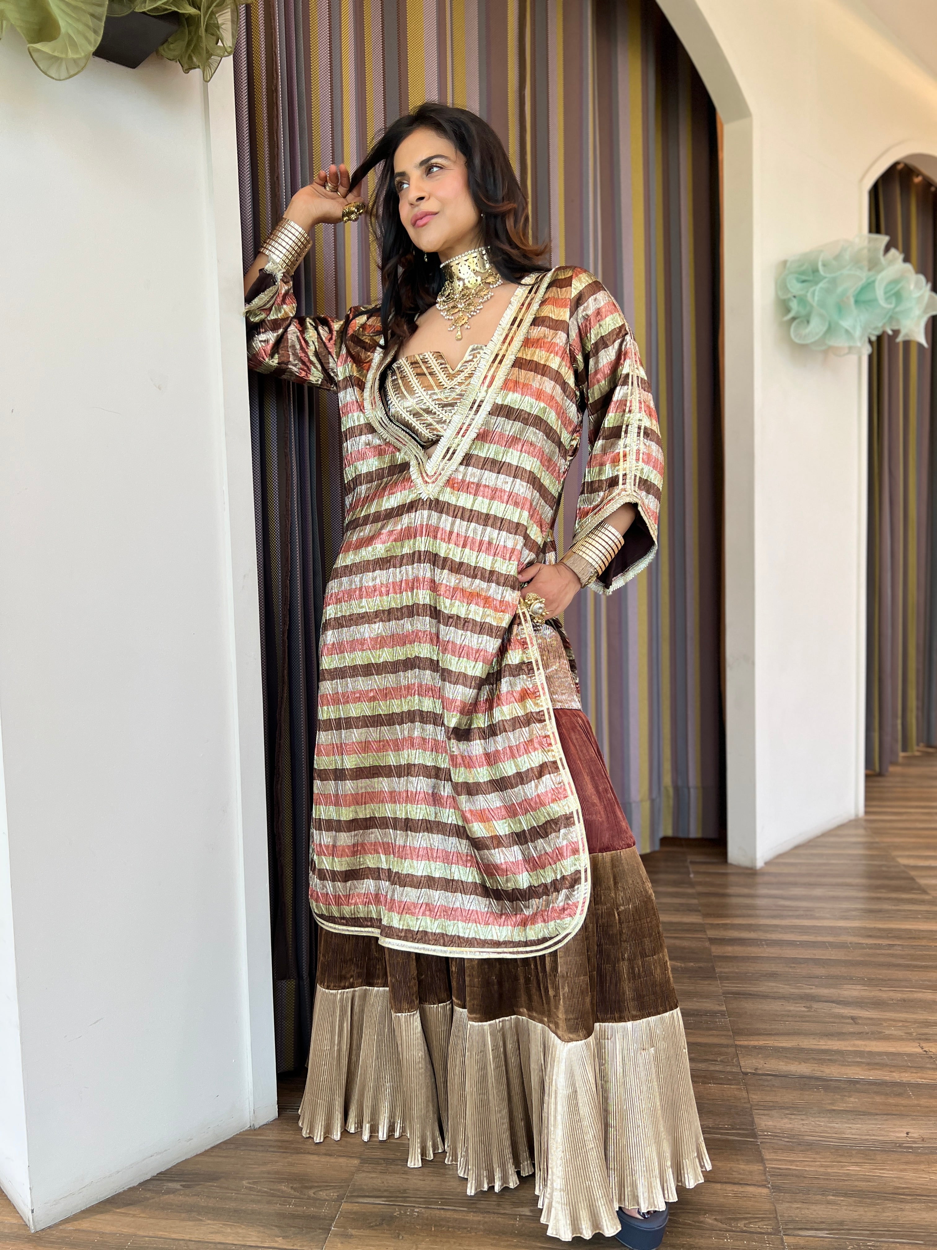 Gharara set in copper stripe