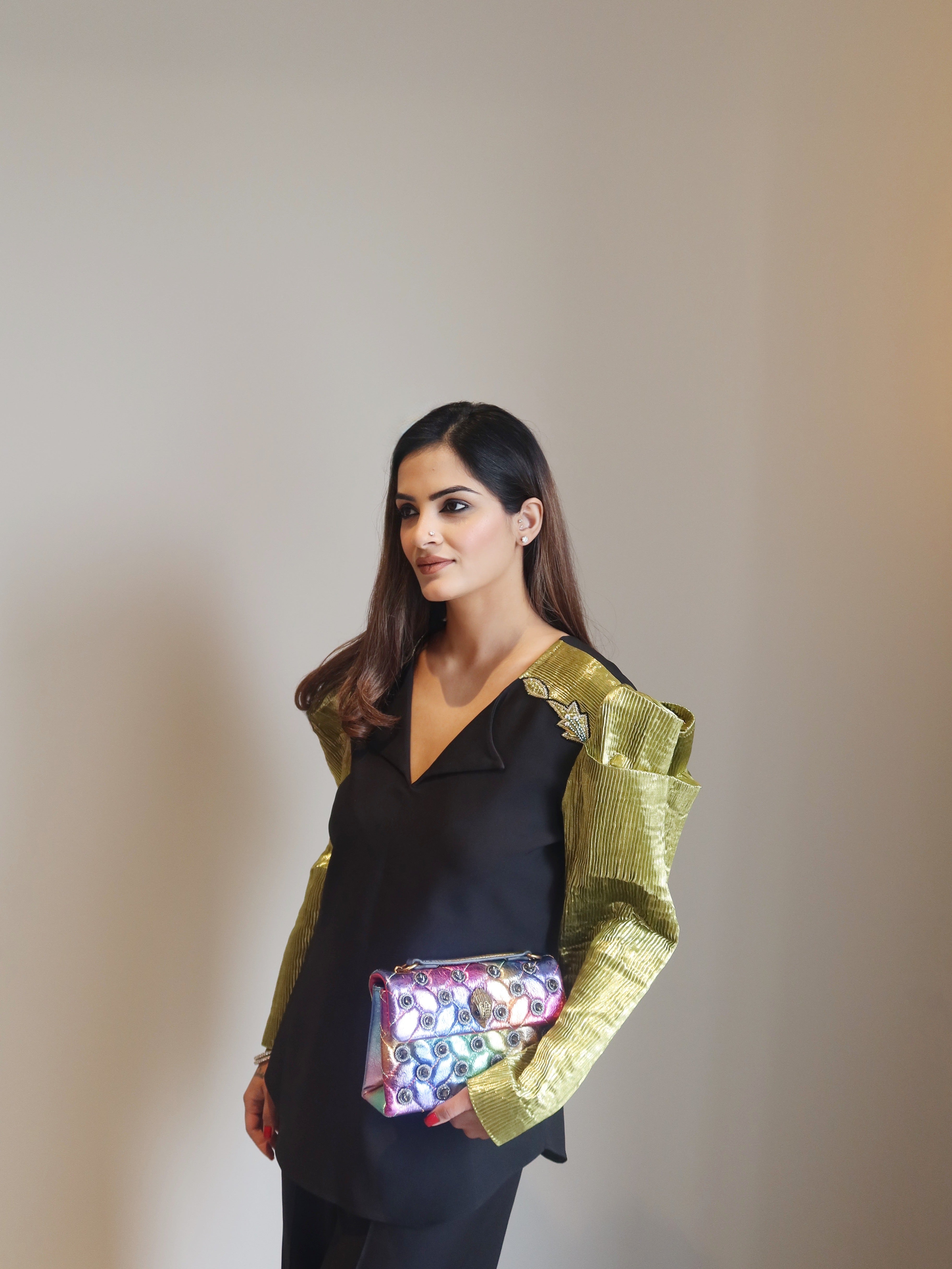 Green Crazy Shoulder Co-ord Set in Green and Black