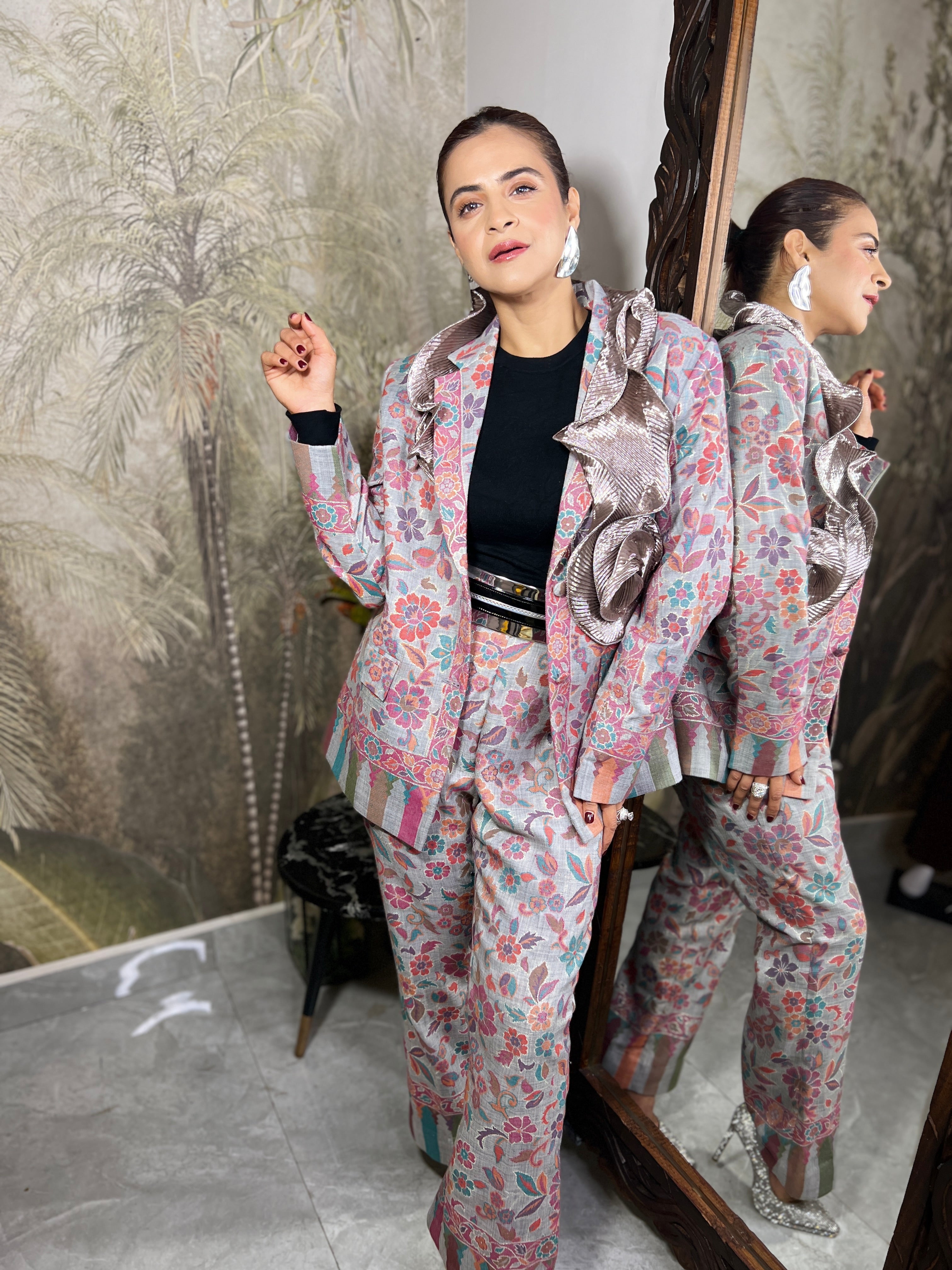 Floral Mauve Wool Swirl Blazer Set