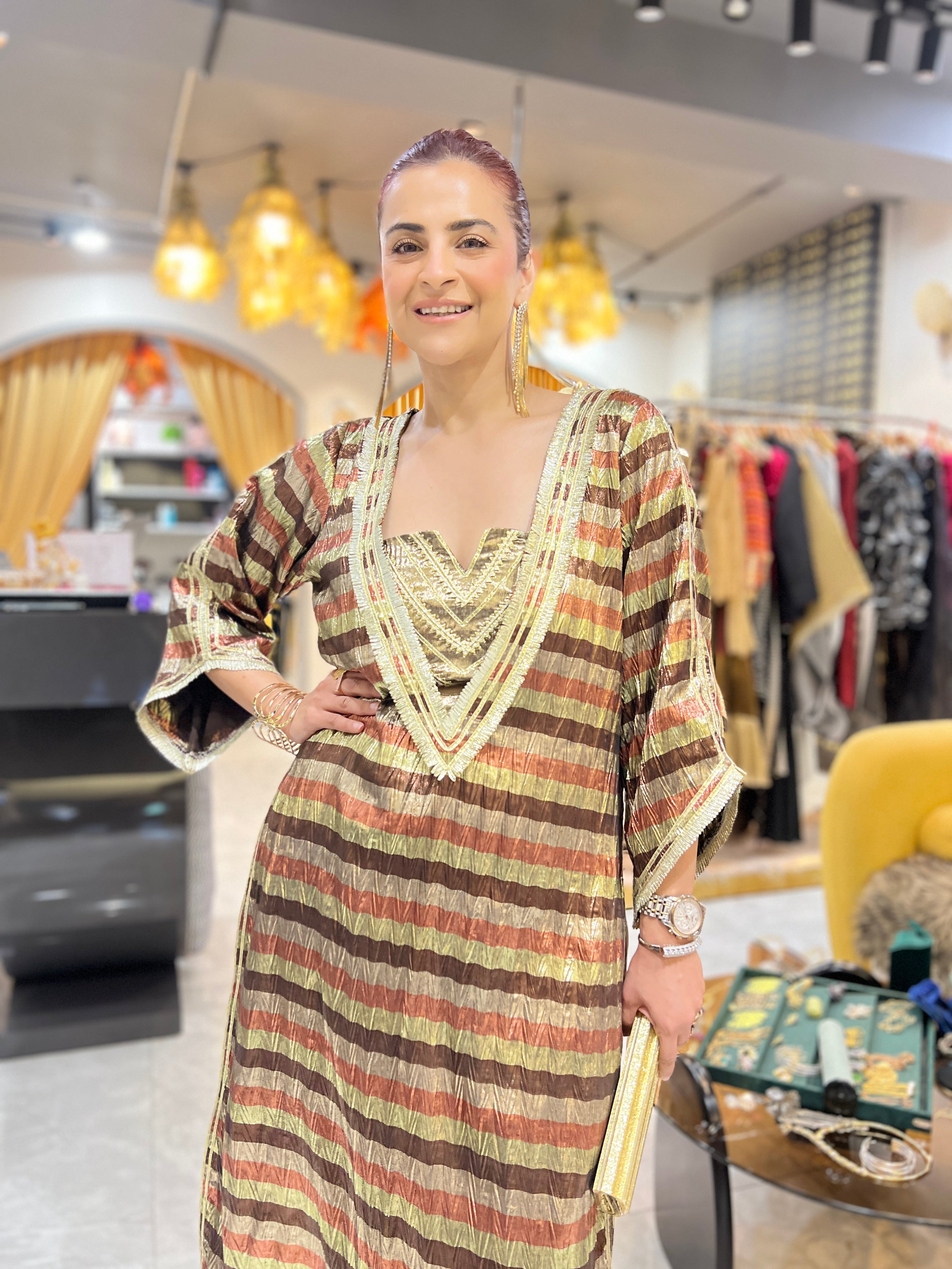 Deep neck antique gold multicolor gota embroidered kurta pants set with earrings