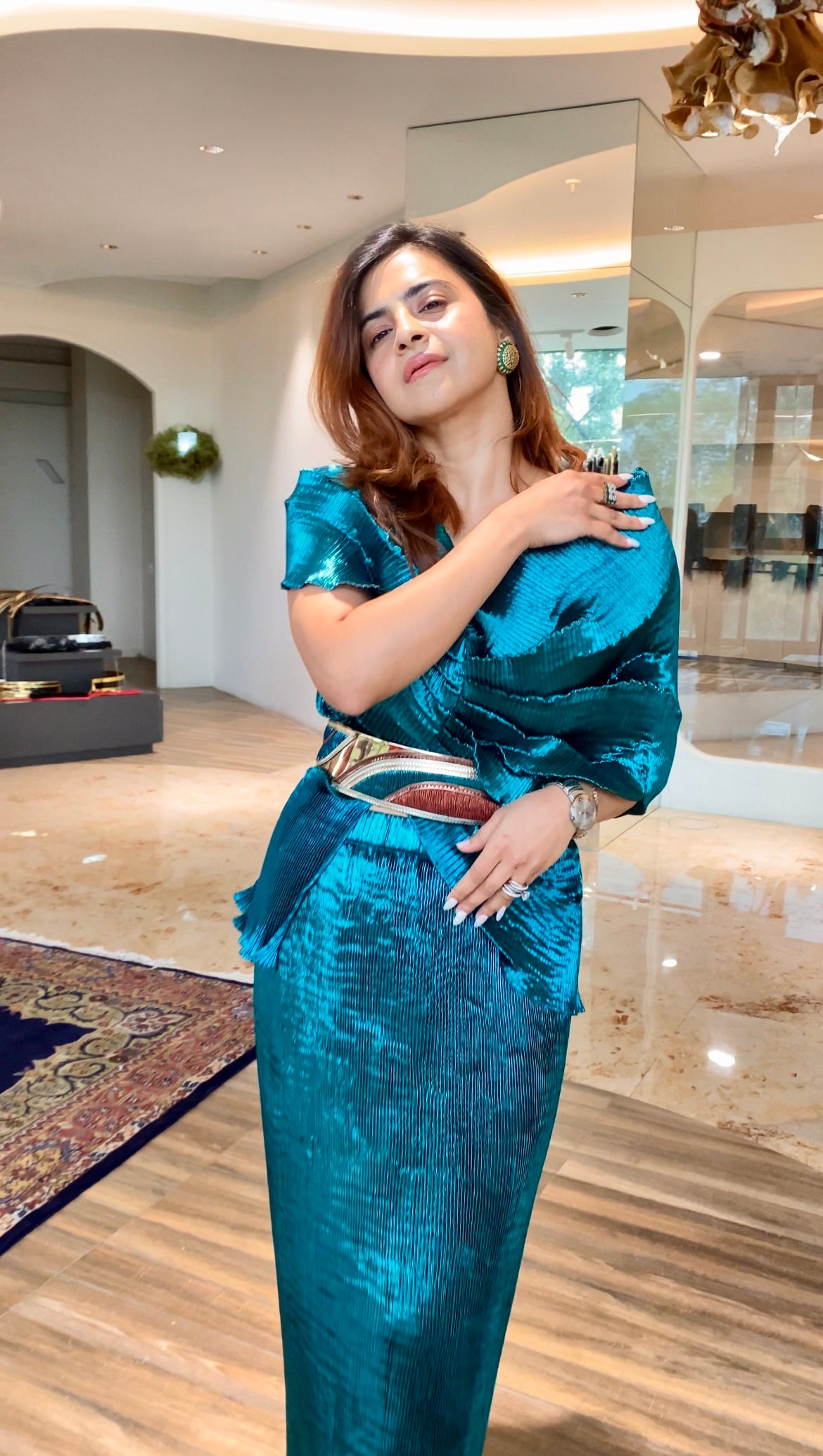 Teal blue shimmer multi drape top