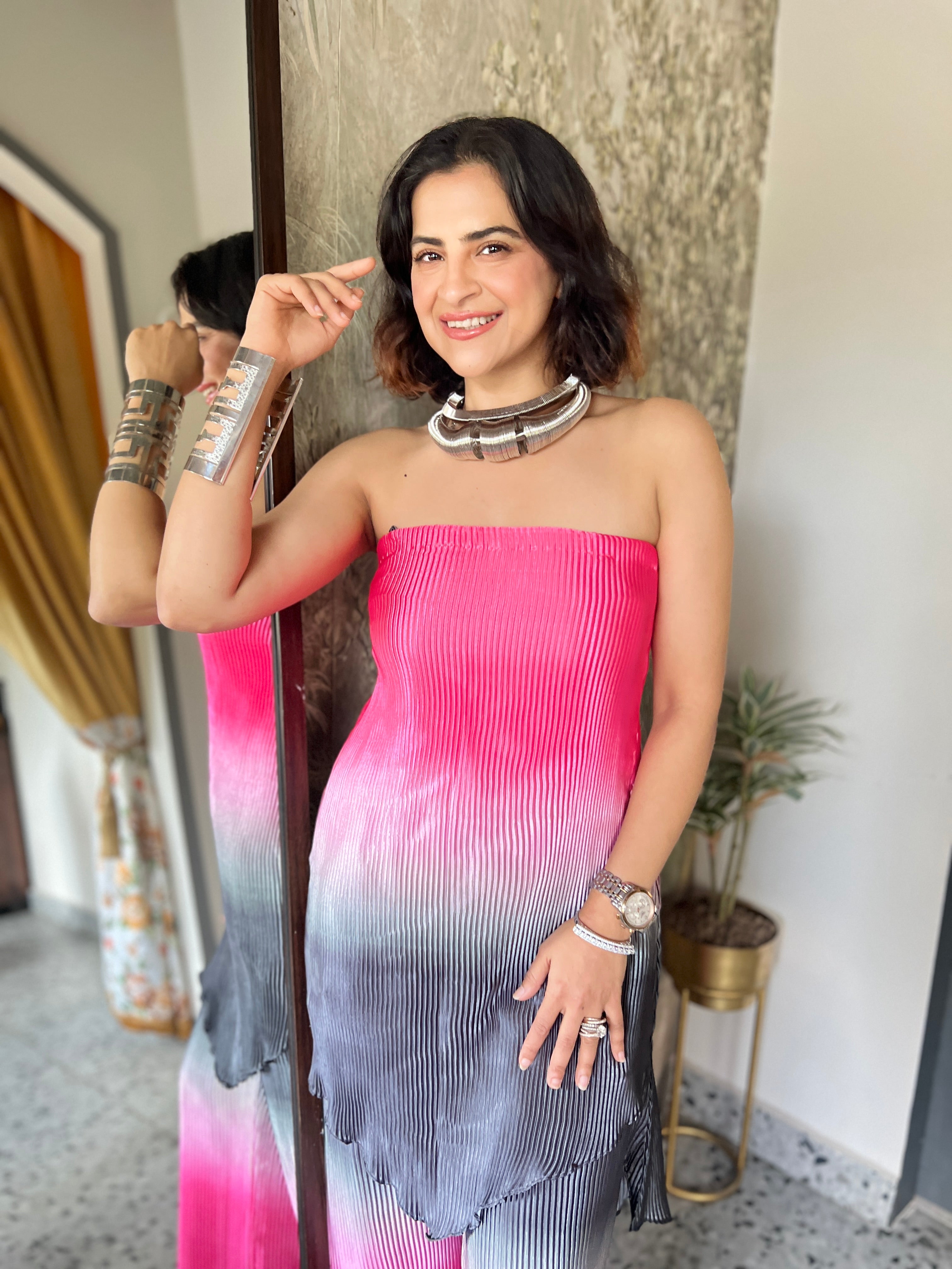 Pink black ombré layered pants set