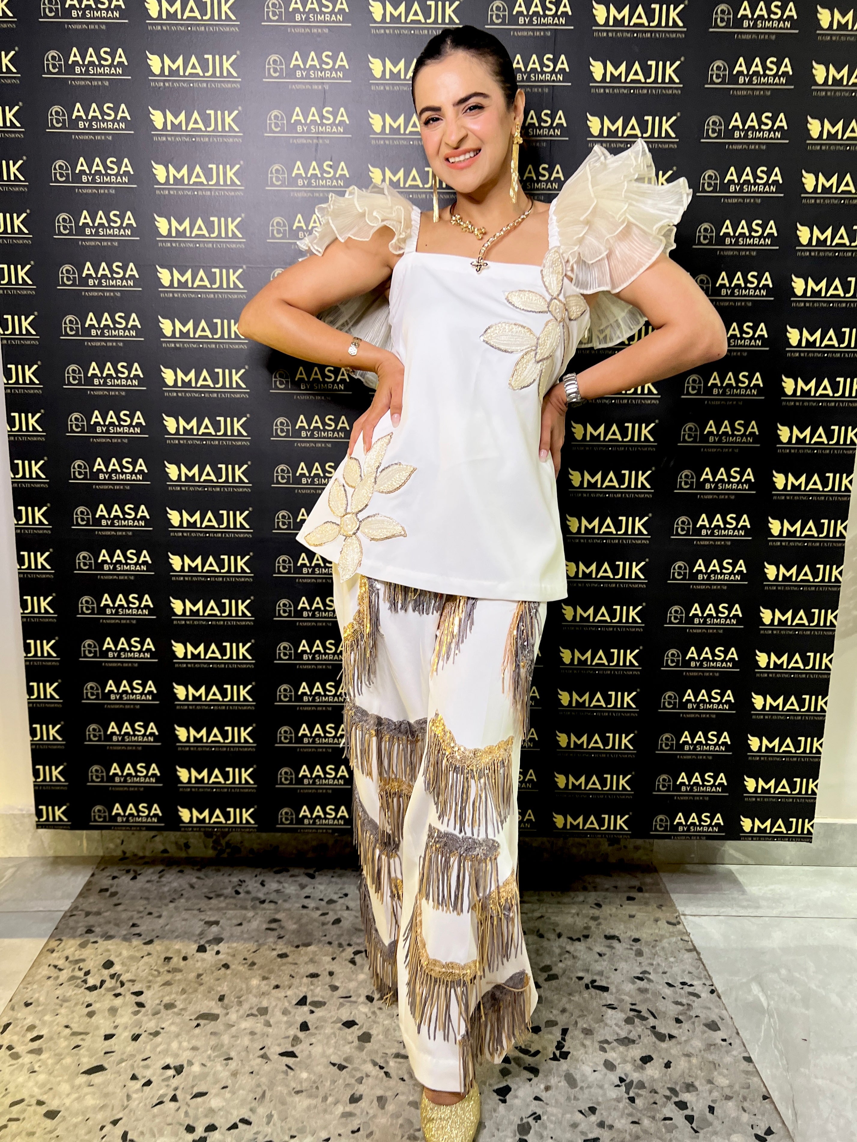 Ivory white pants with silver & gold tassels