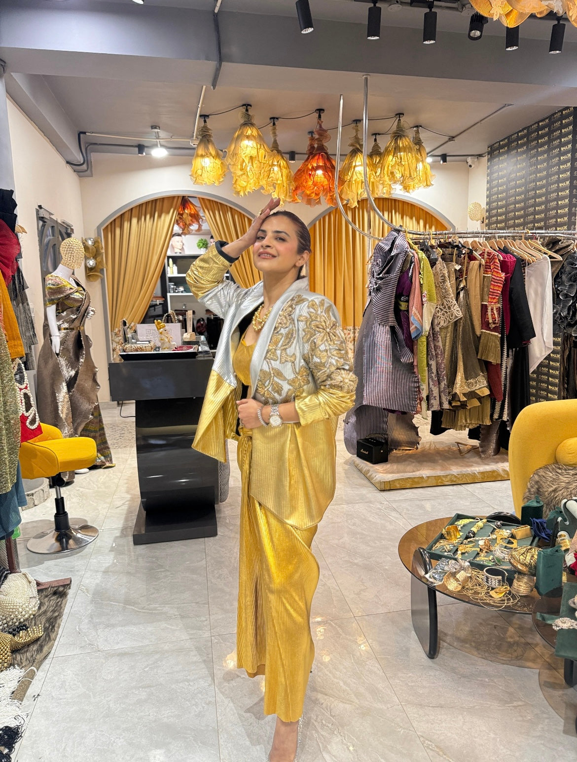 Gold Lust Power Drape Skirt Suit with Neckpiece
