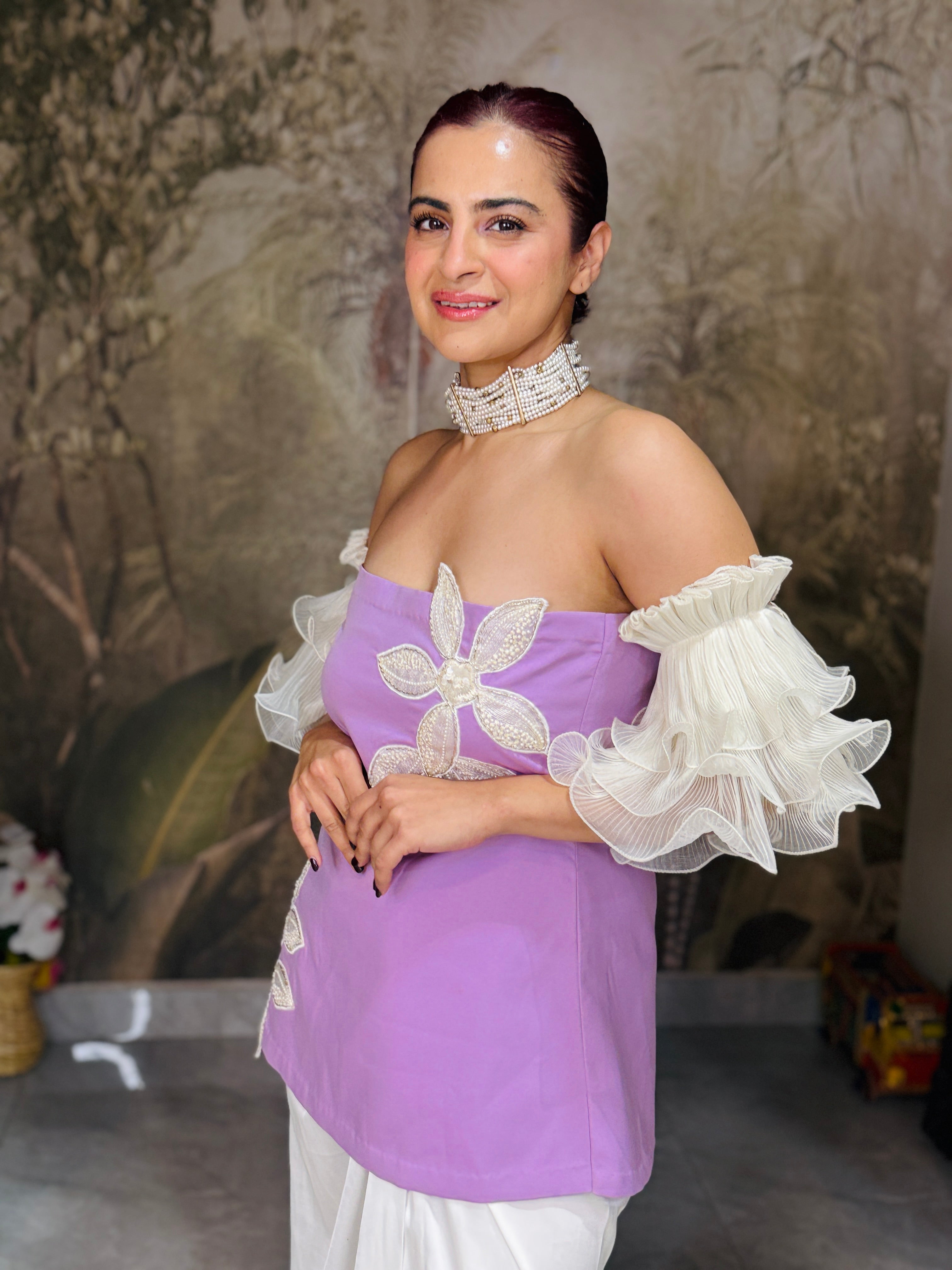 Lilac white tube dhoti set with ruffles