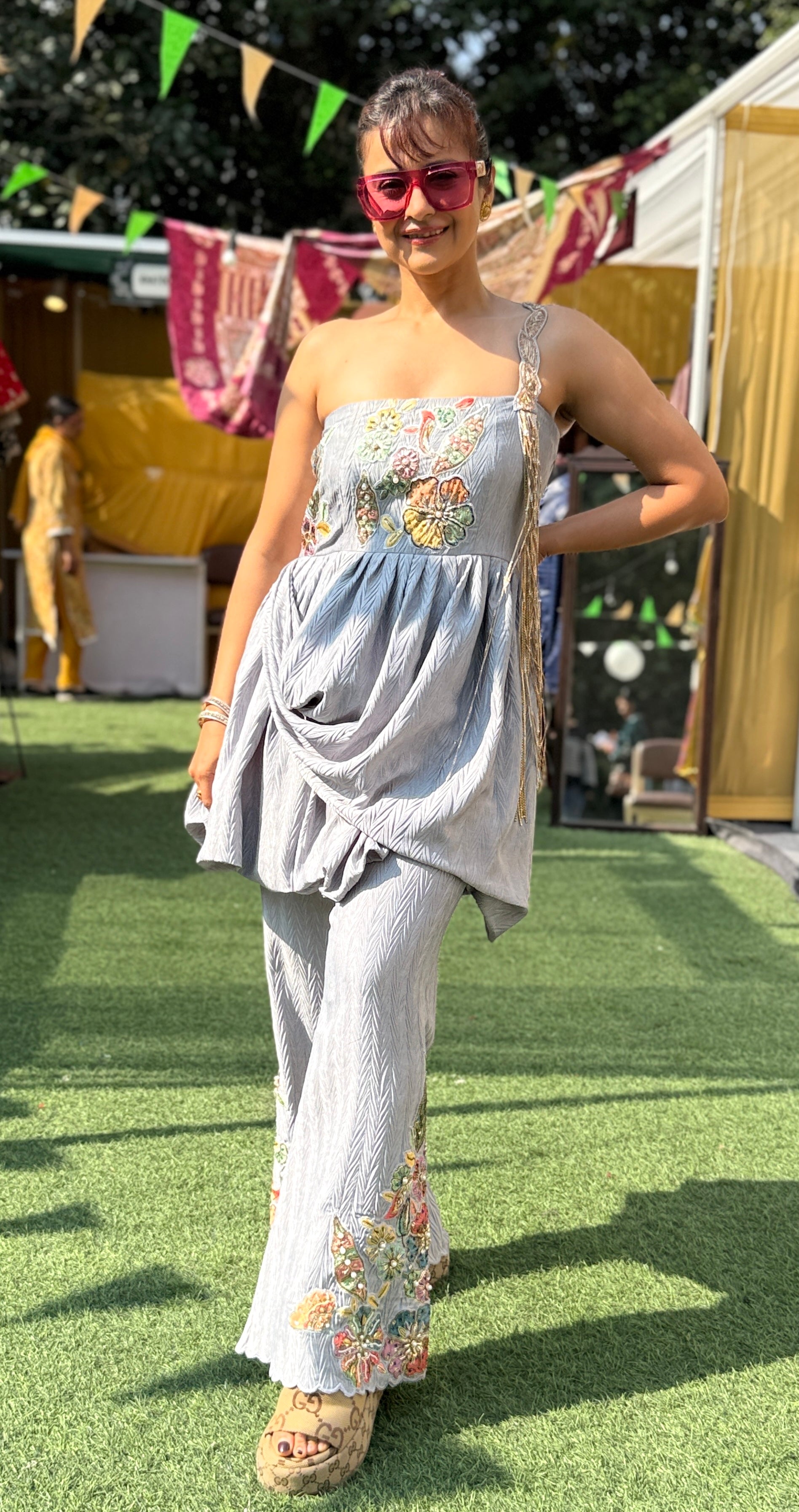 Moonstone Embroidered peplum pants set in Grey