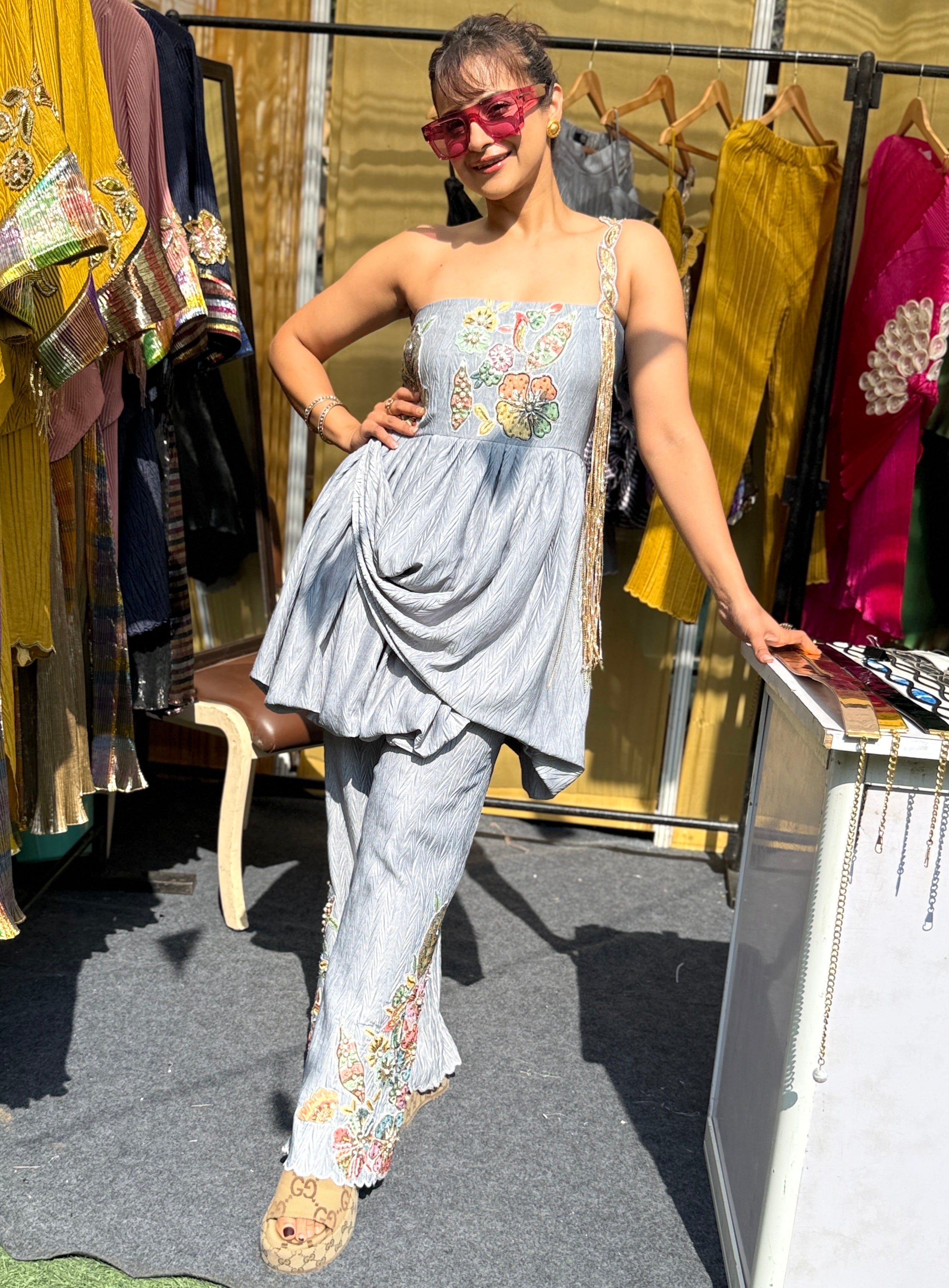 Moonstone Embroidered peplum pants set in Grey