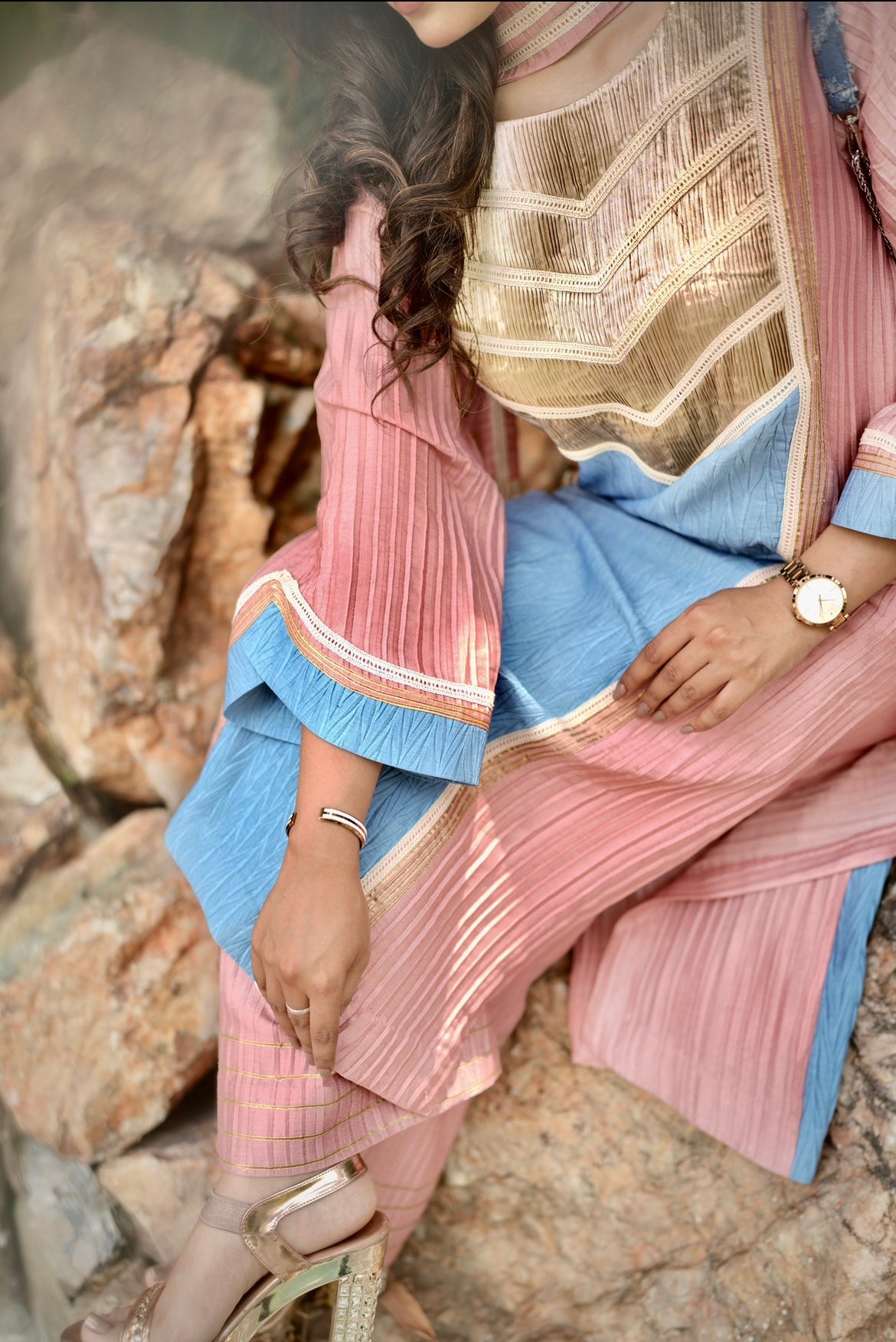 Denim blue peach farsi salwar set