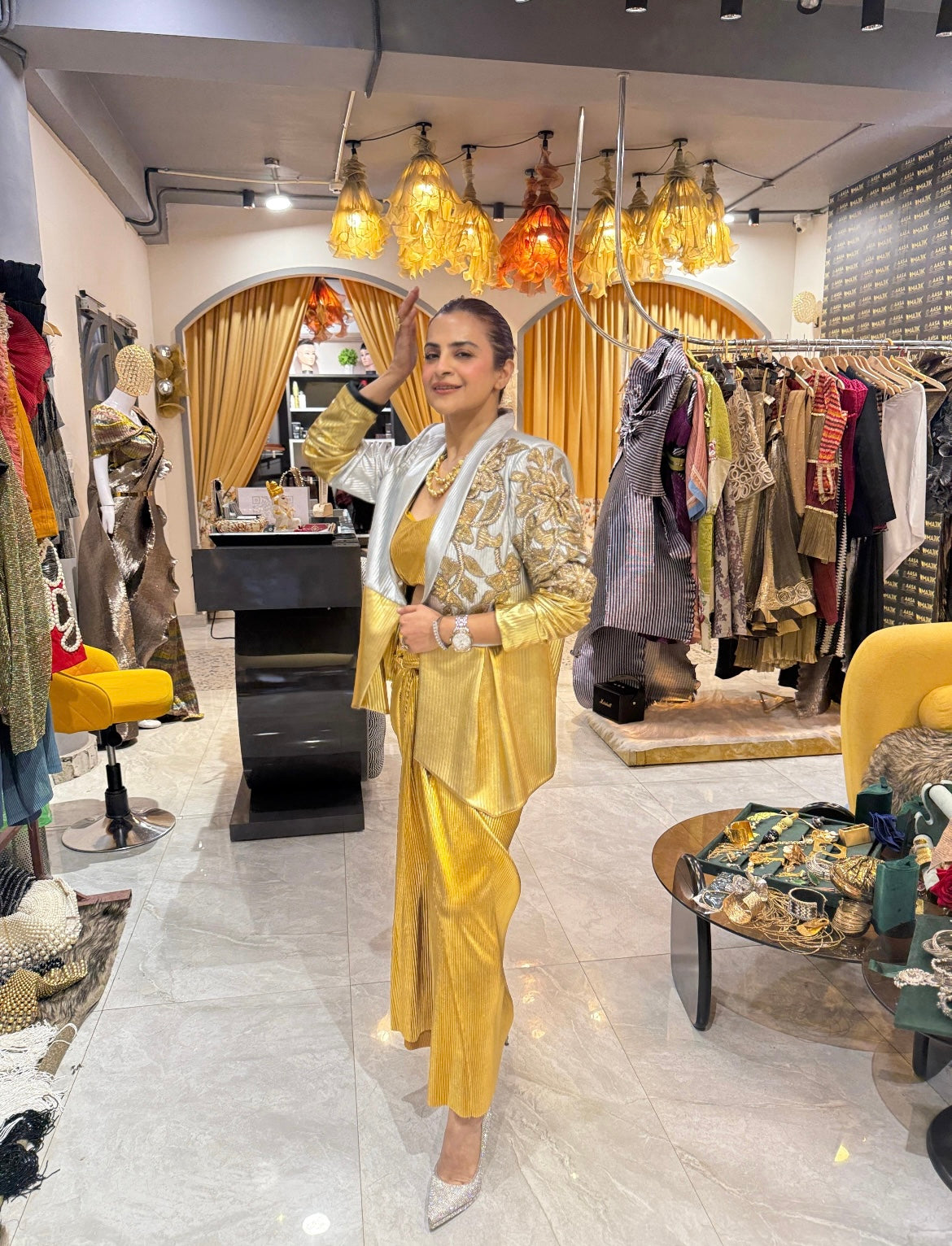 Gold Lust Power Drape Skirt Suit with Neckpiece