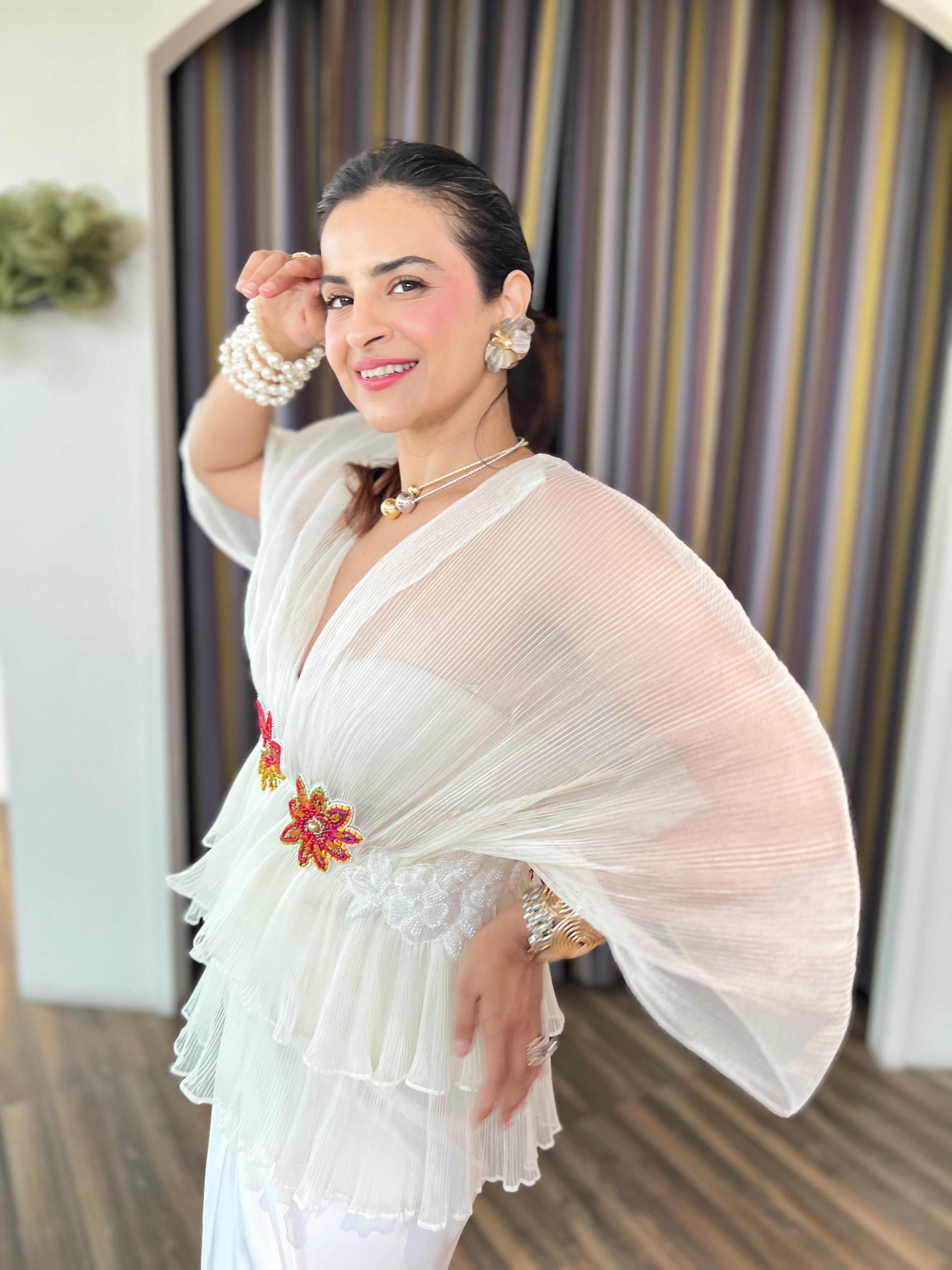 Ivory multi-color embroidered layered skirt set