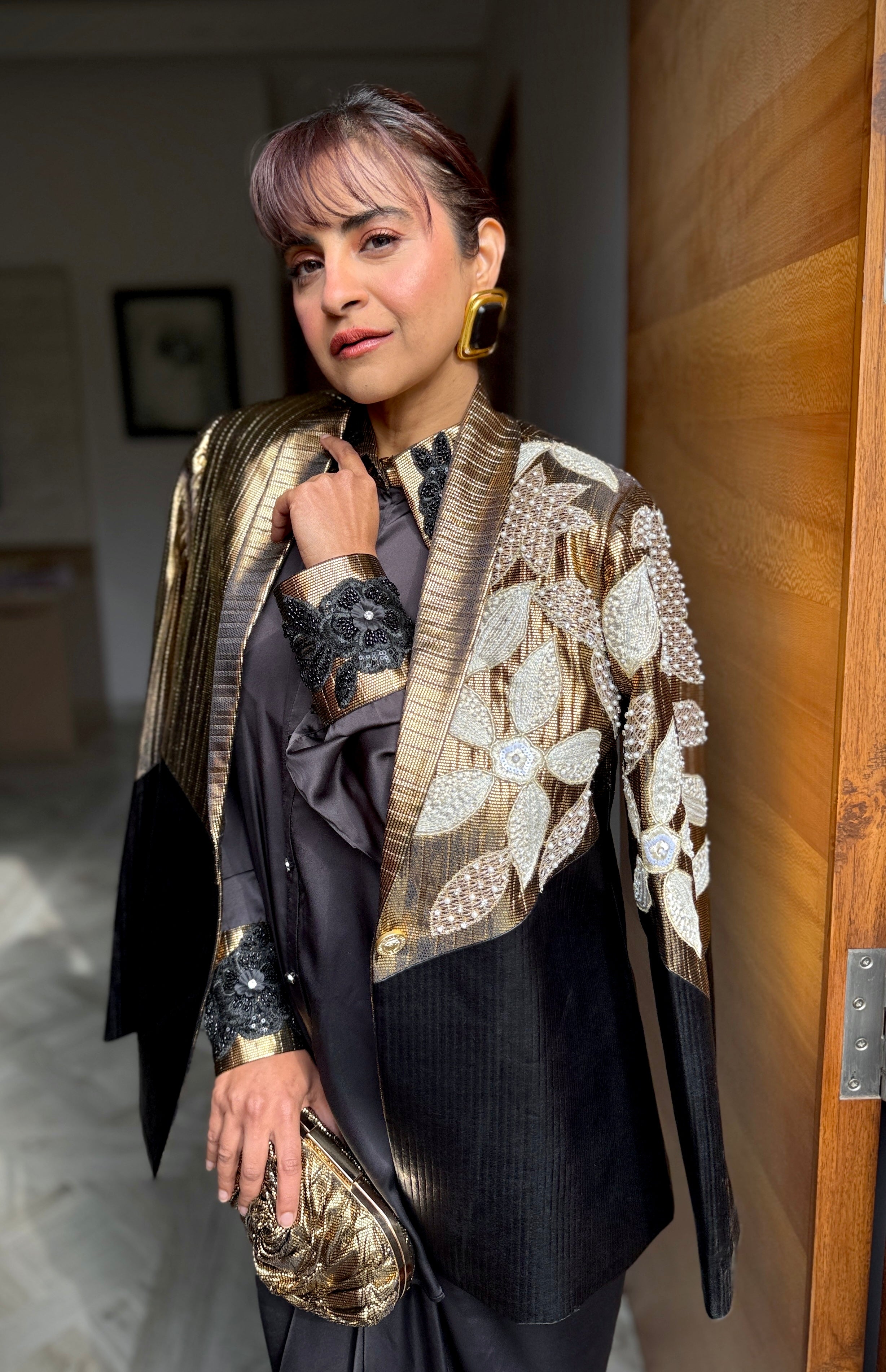 black armani gold foil emb shirt with skirt and power blazer