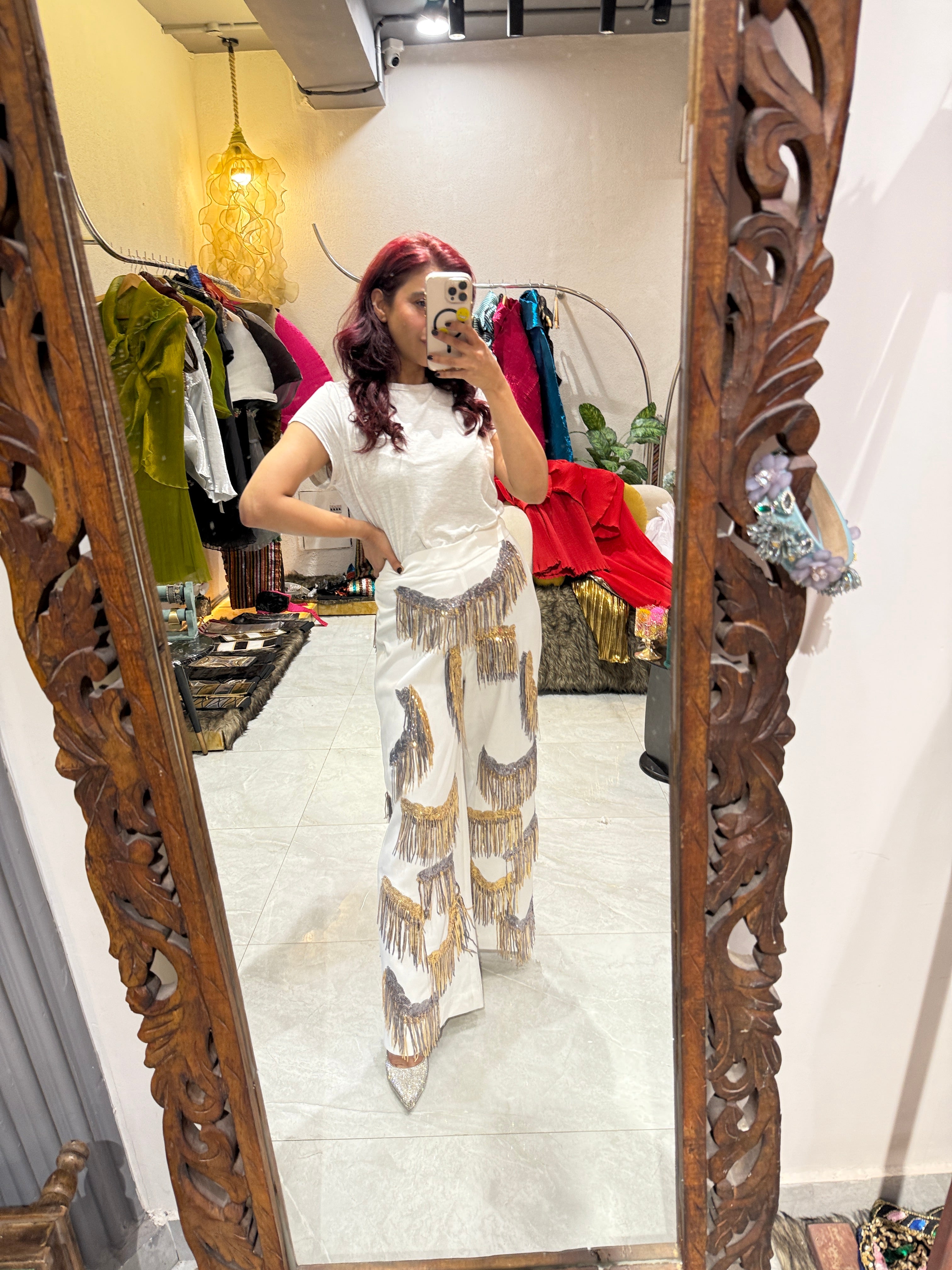 Ivory white pants with silver & gold tassels