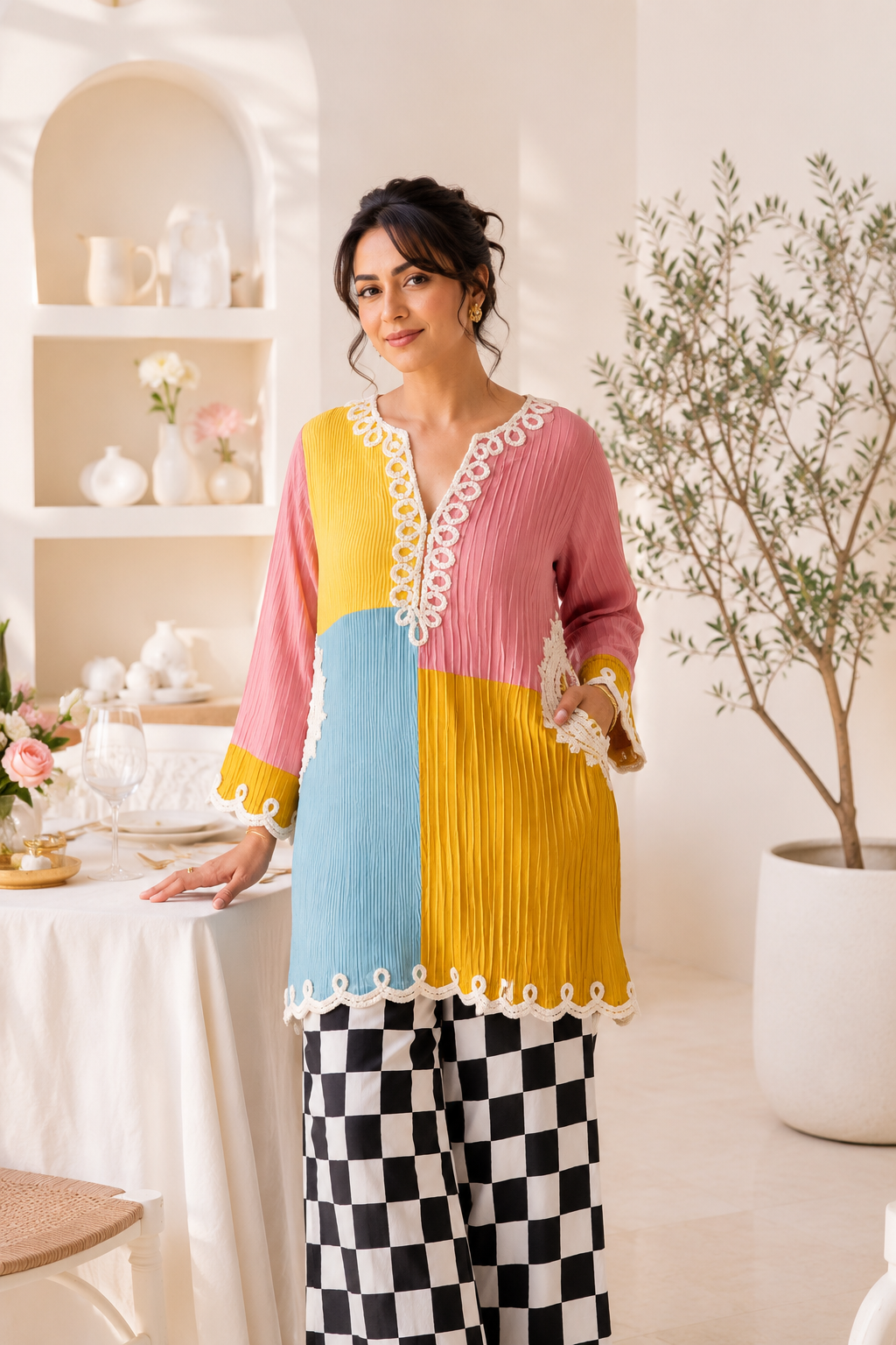 Mishri denim set Embroidered Dori kurta pants set in checkerd