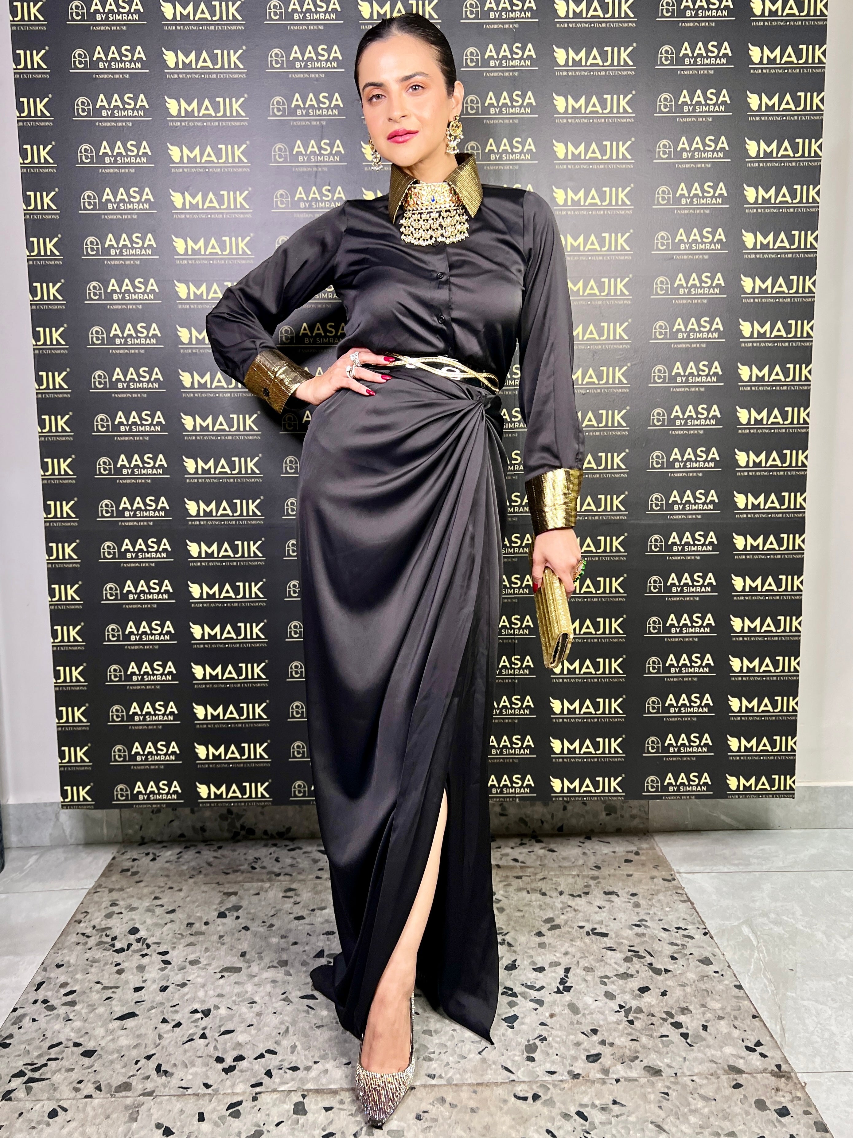 Black satin shirt & drape skirt set