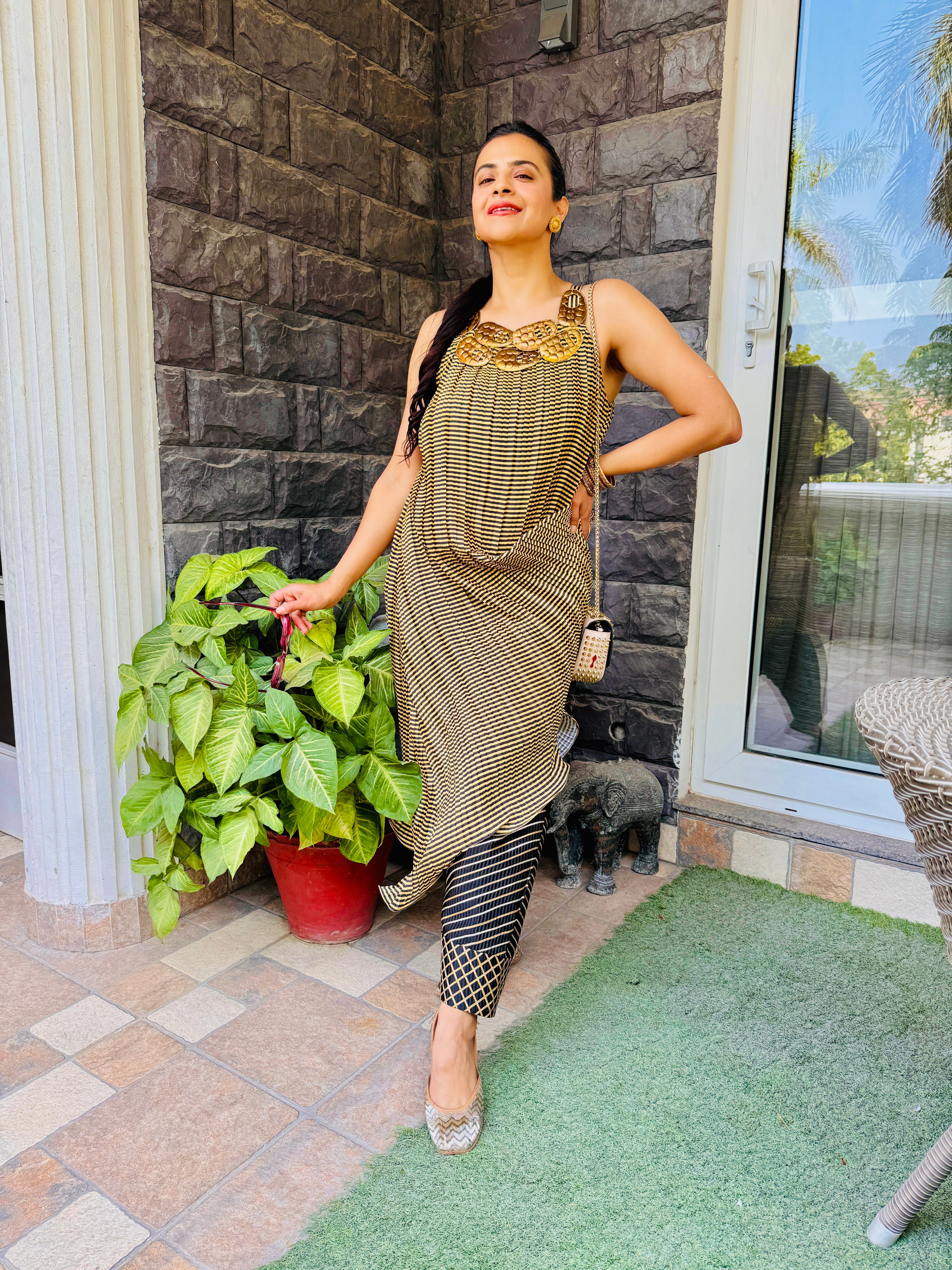 Yellow Stripe Metal Embellished Kurta
