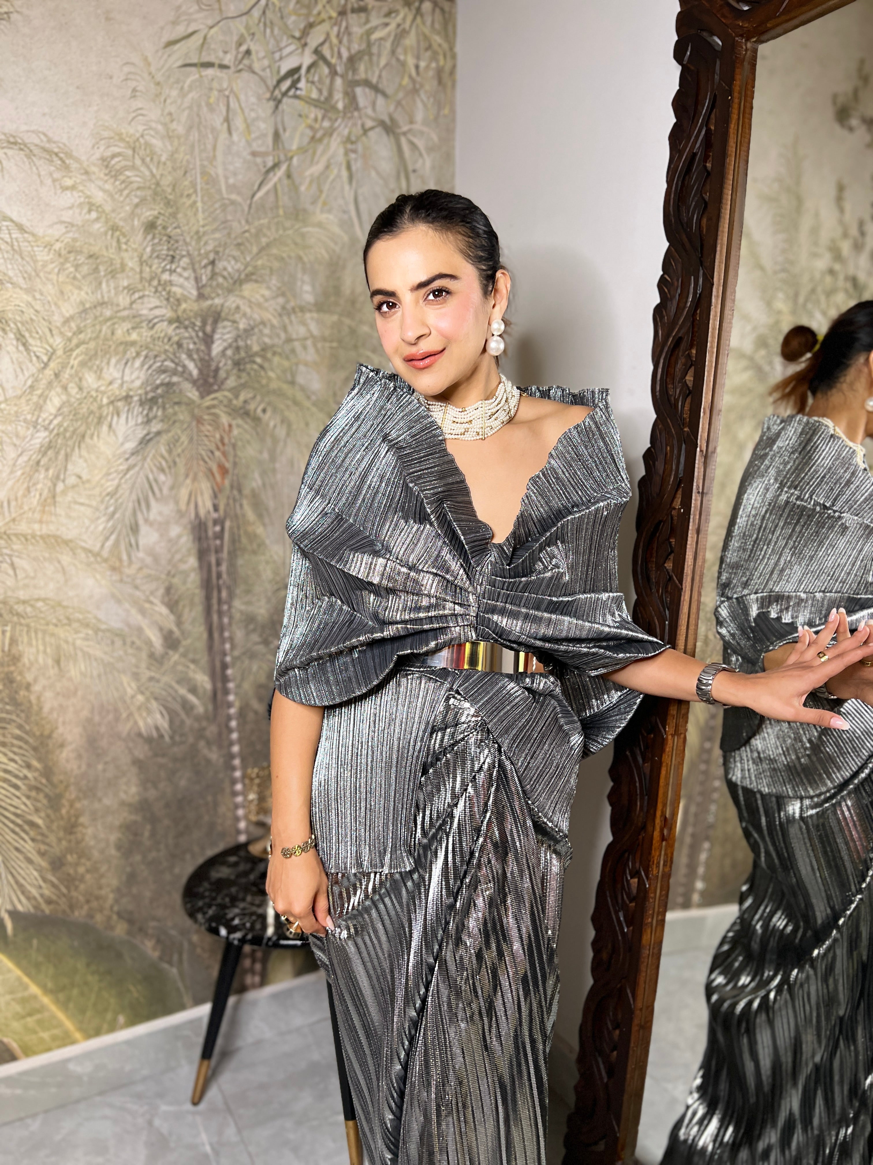 Silver onyx multi drape skirt set