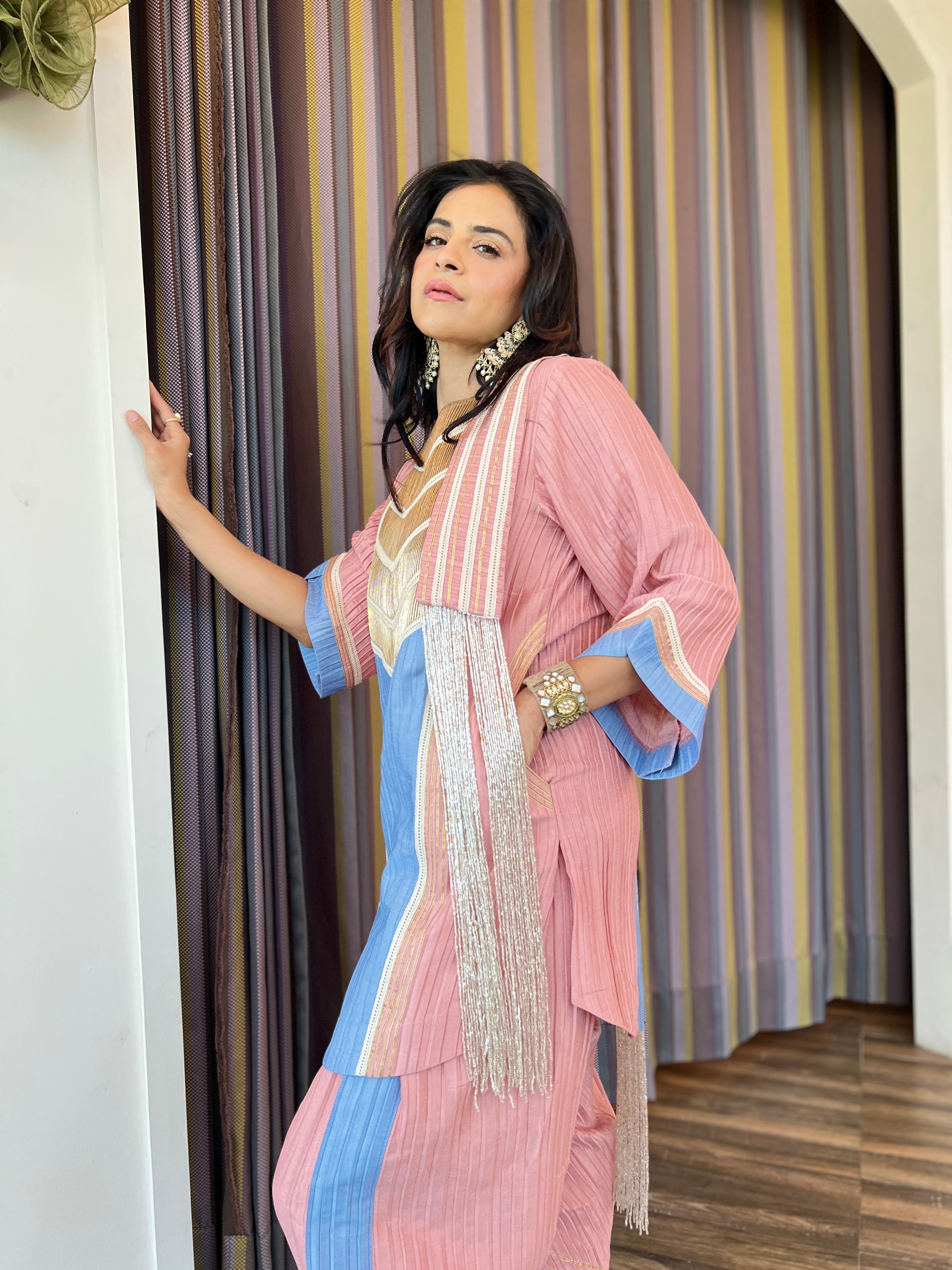 Denim blue peach farsi salwar set