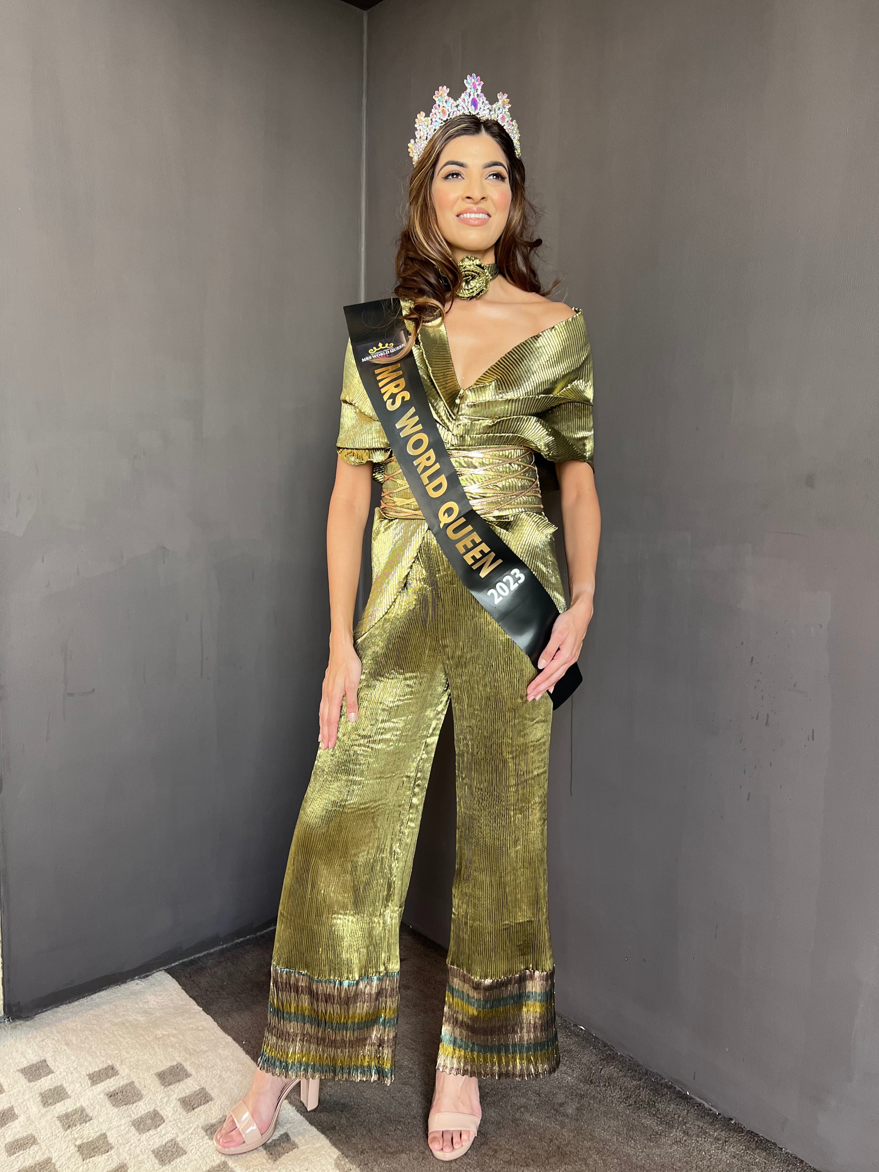 green shimmer multidrape pants set