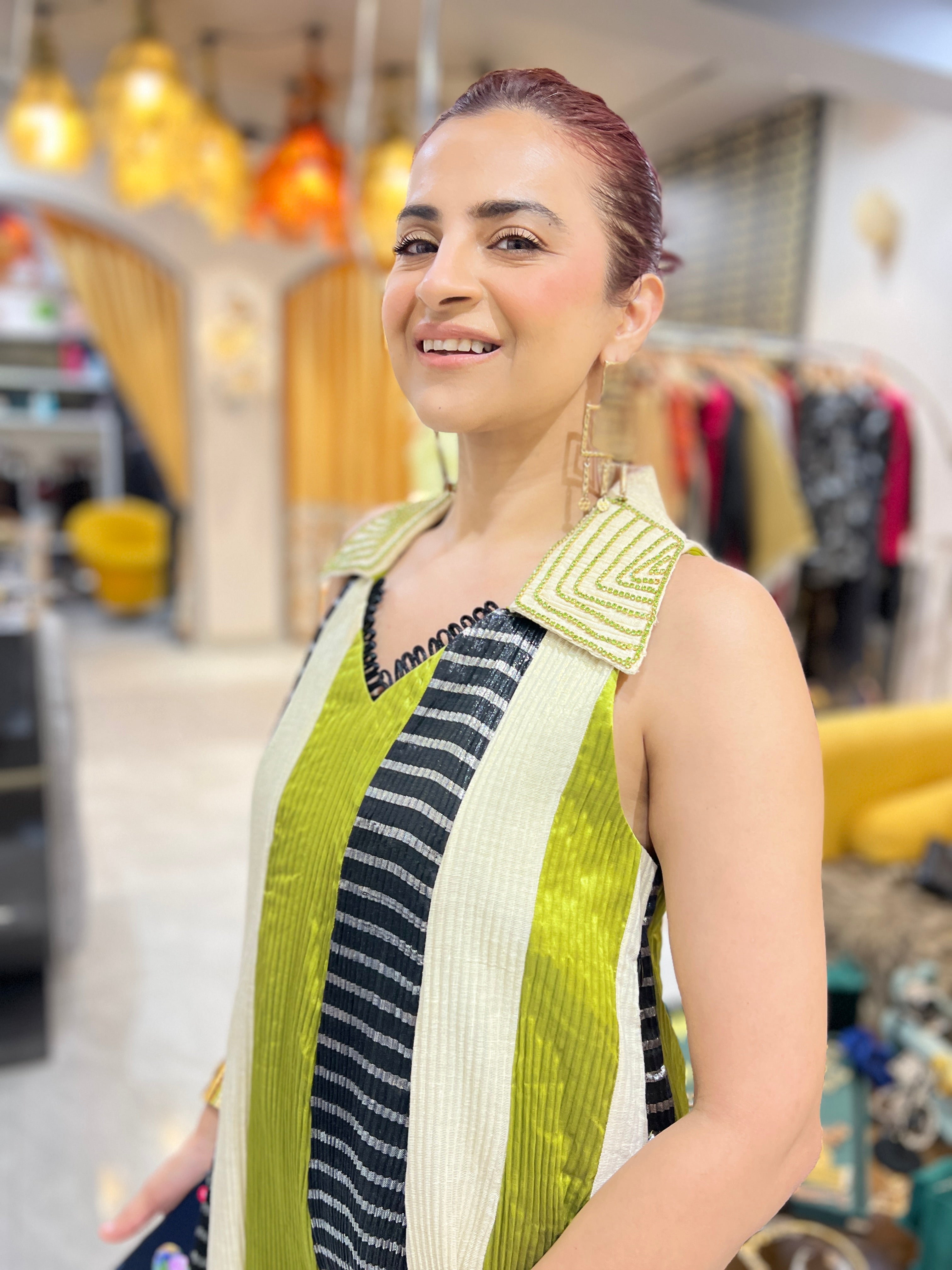 Collared embellished green gota embroidered kurta gharara set